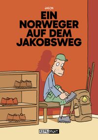 Ein Norweger auf dem Jakobsweg cartoon, Mann, sitzen, Rucksack, Stiefel