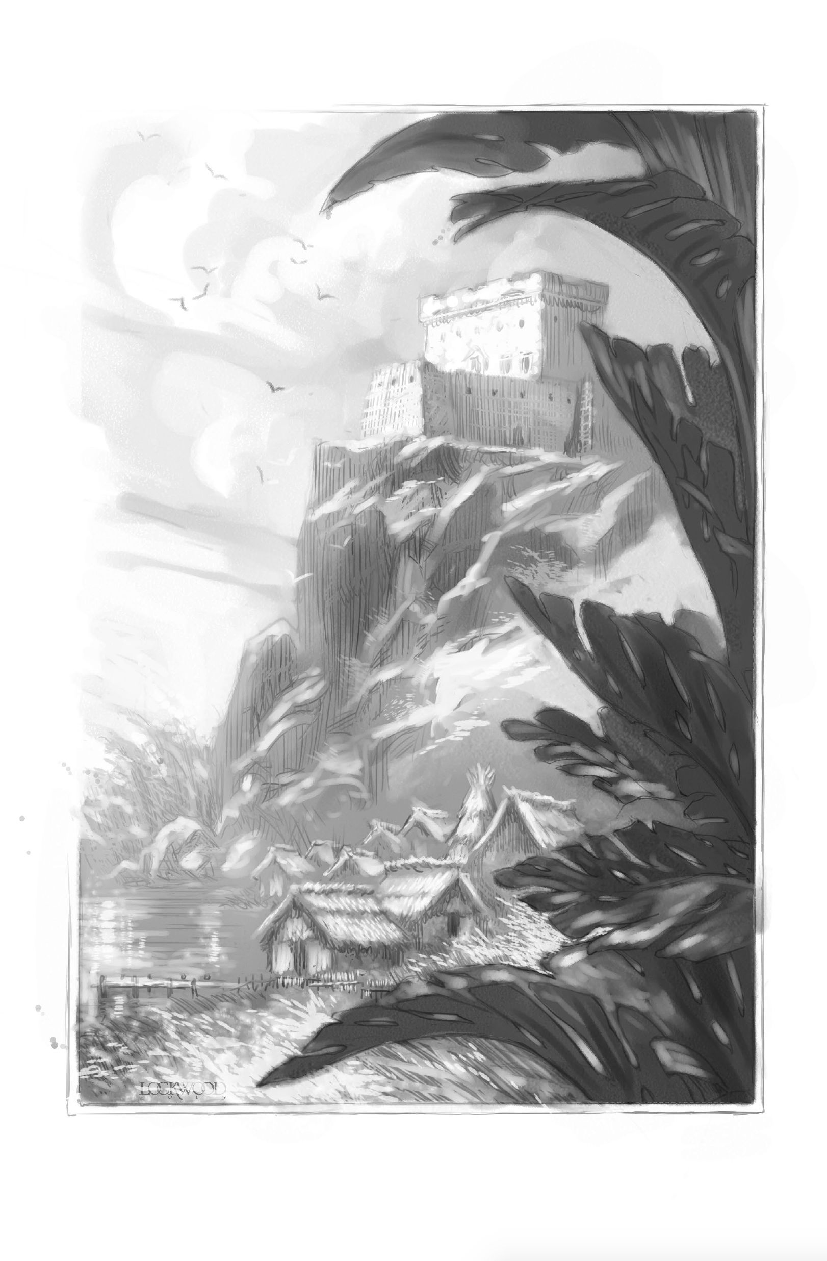 castle, cliff, coast, huts, tropical