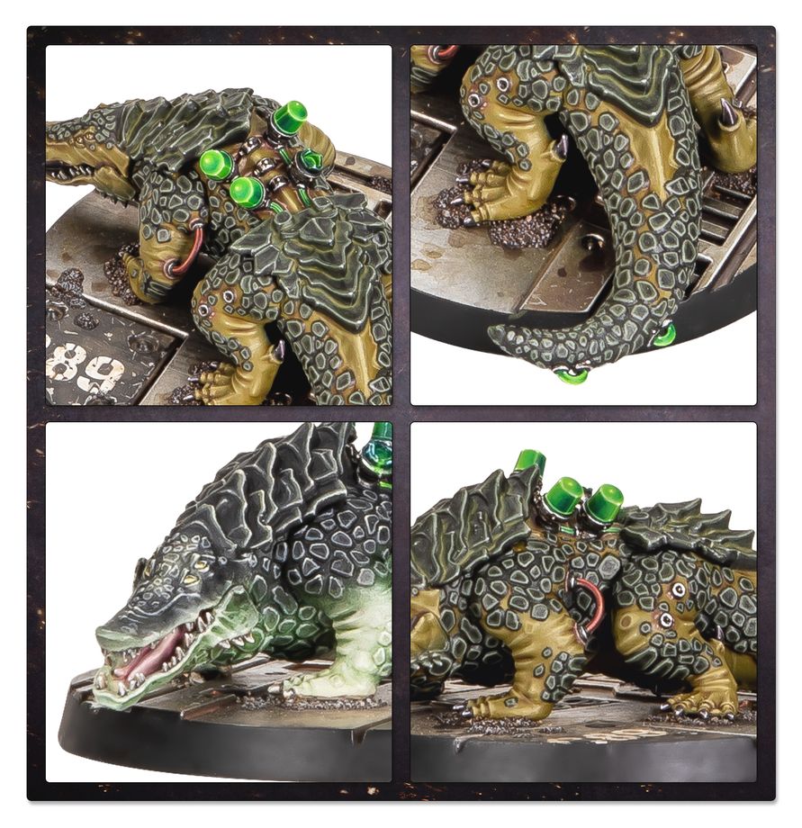 Necromunda: Goliath Forge Bosses & Sumpkrocs Drachenfigur, Kriechend, grüner Akzent, Skateboard Basis, Schaustück Figur