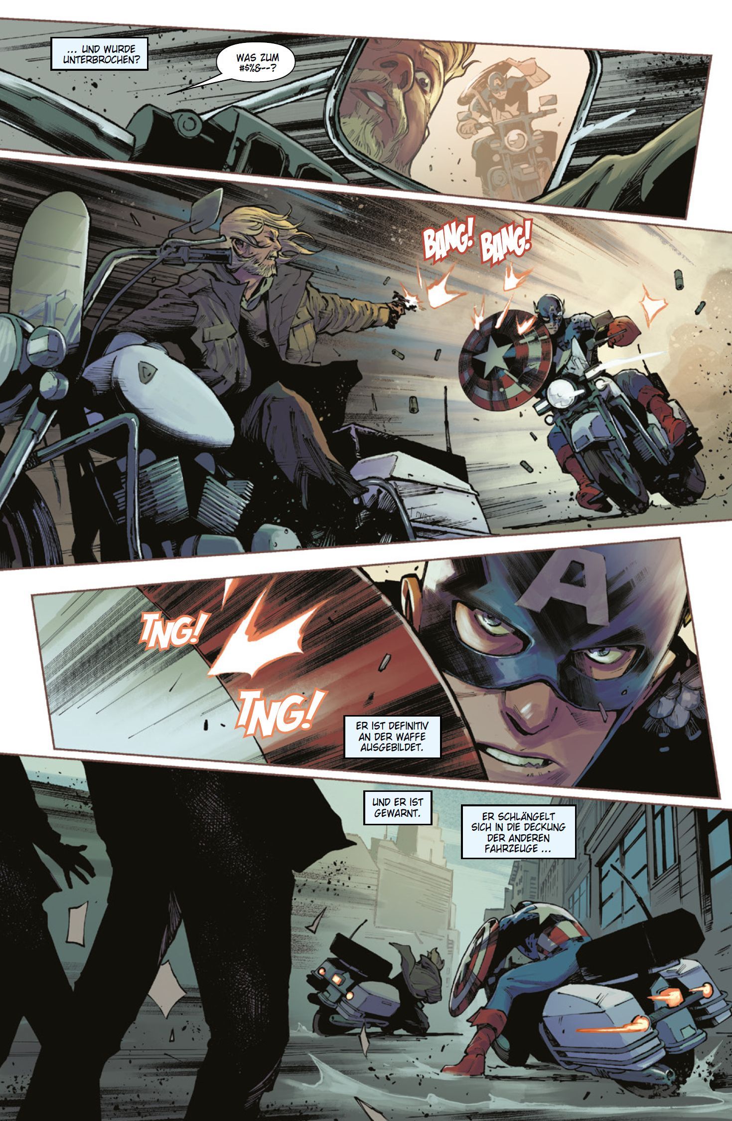Captain America Bd.1 (2. Serie) Motorrad, Verfolgungsjagd, Captain-America-Maske, Comic-Panel, Stadtstraße