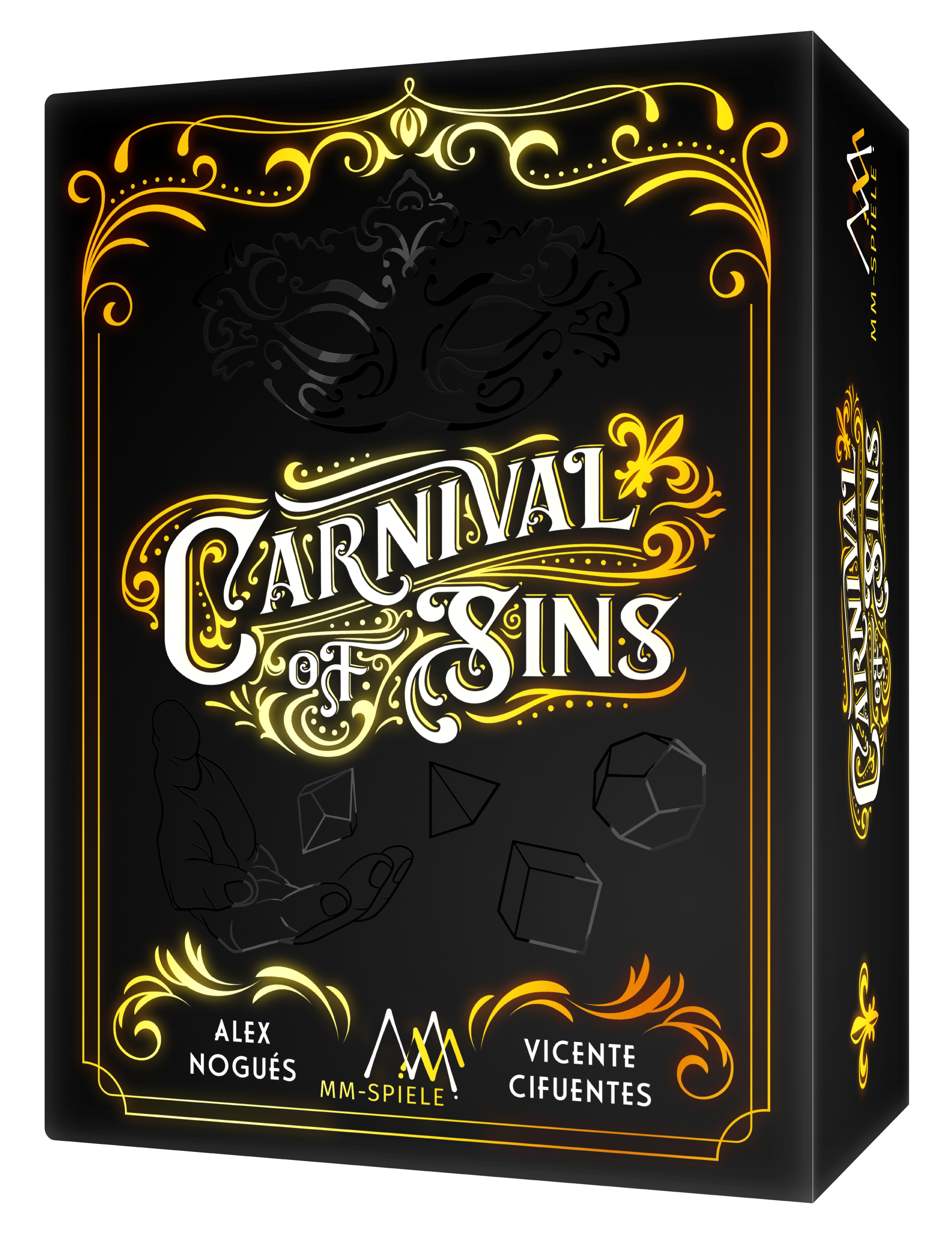 Brettspiel, schwarze Spieleschachtel, gelb-orangefarbenes Design, Karnevalsmotiv, Fantasyspiel
