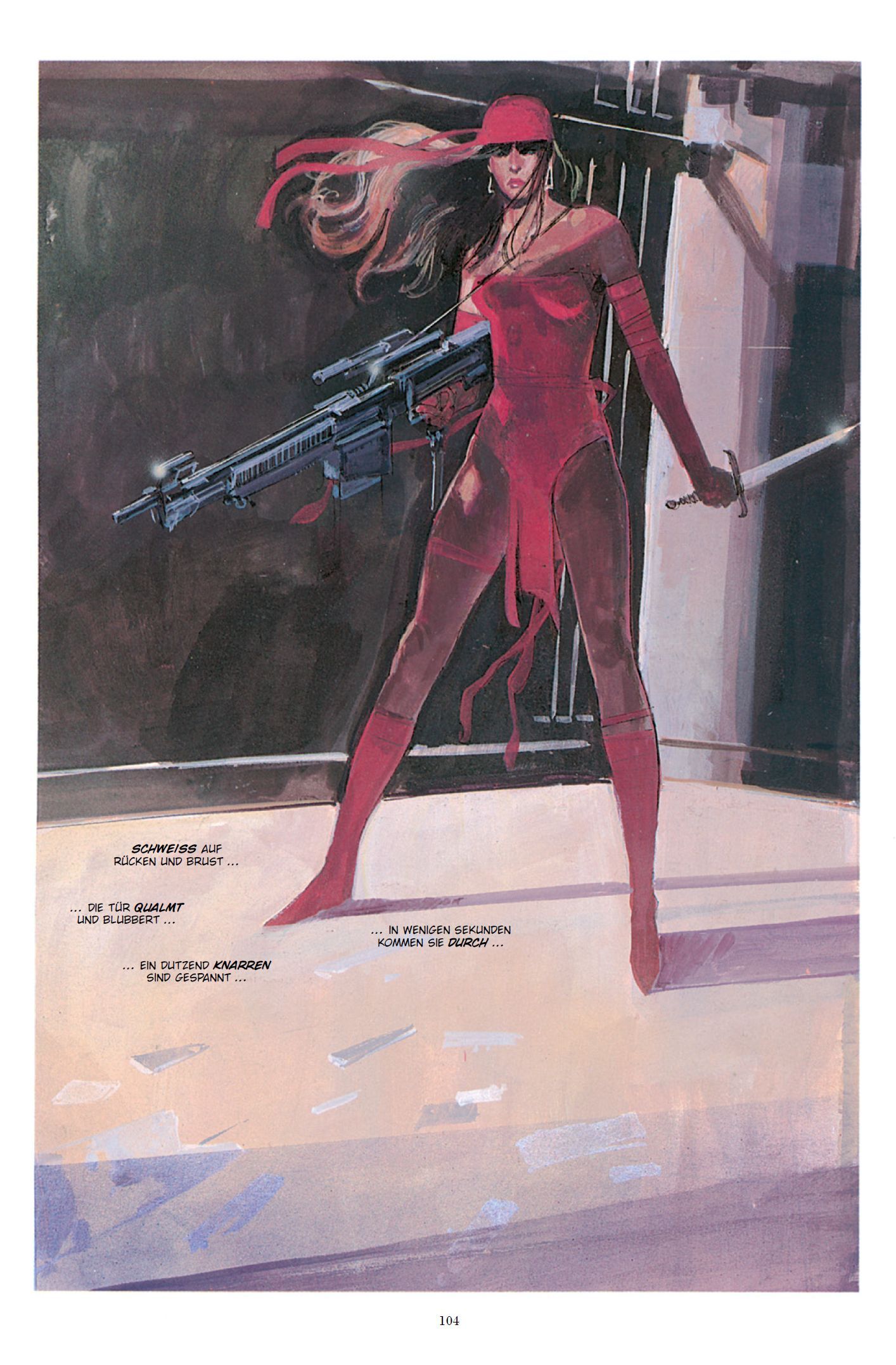 Kämpferin, Rote Kleidung, Schusswaffe, Stiefel, Comic-Art