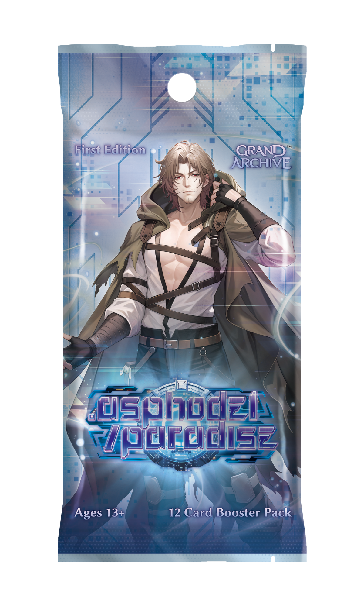 Karten-Booster, Anime-Stil, Mann-Figur, Cape, leuchtendes Logo