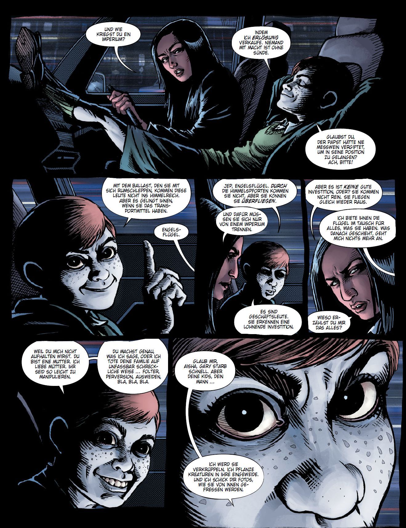 comic, panels, car, interior, woman, child, eyes, purple, hand, finger, vehicle