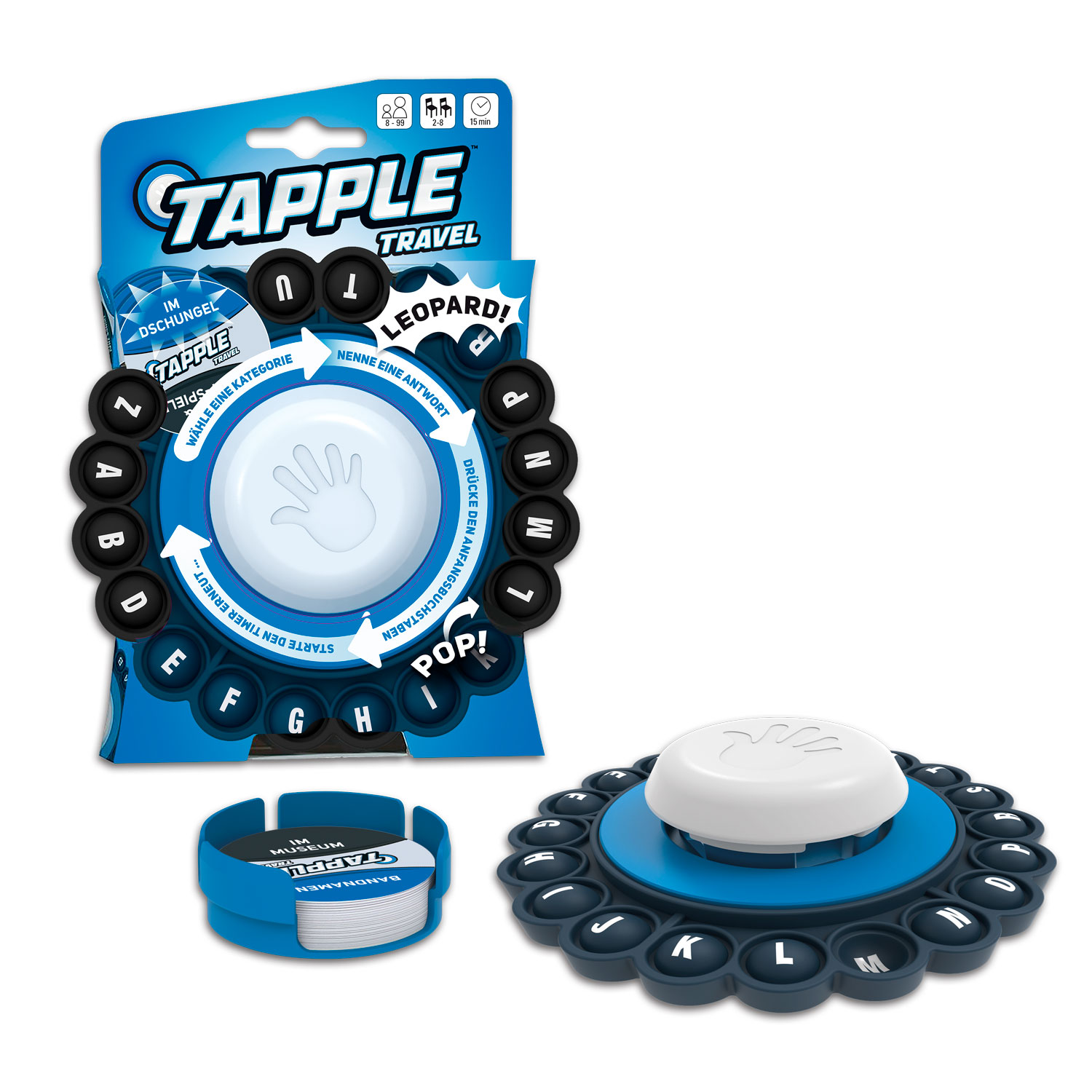 Reisespiel, Buchstabenspiel, Spiel für 2–8 Personen, Buzzer, blau-weiß