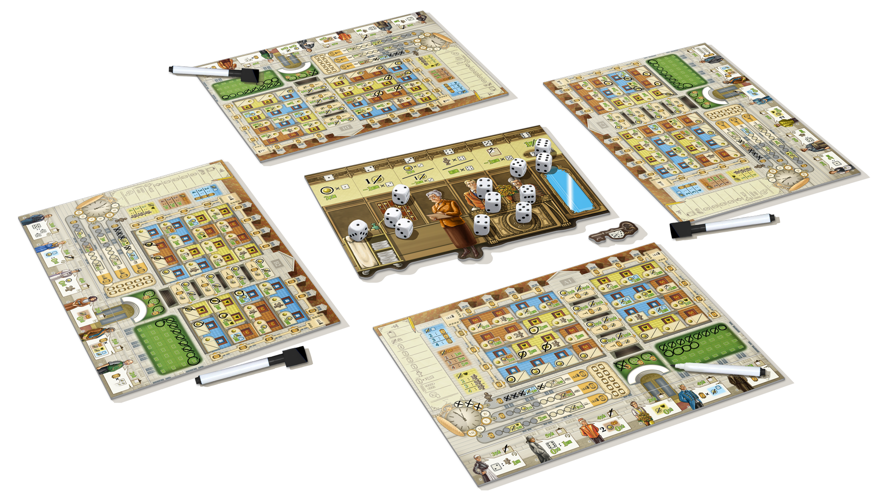 Hochsaison: Grand Hotel Roll & Write Boardspiel, W dice, Spielbrett, Spielmaterialien, Spielkomponenten