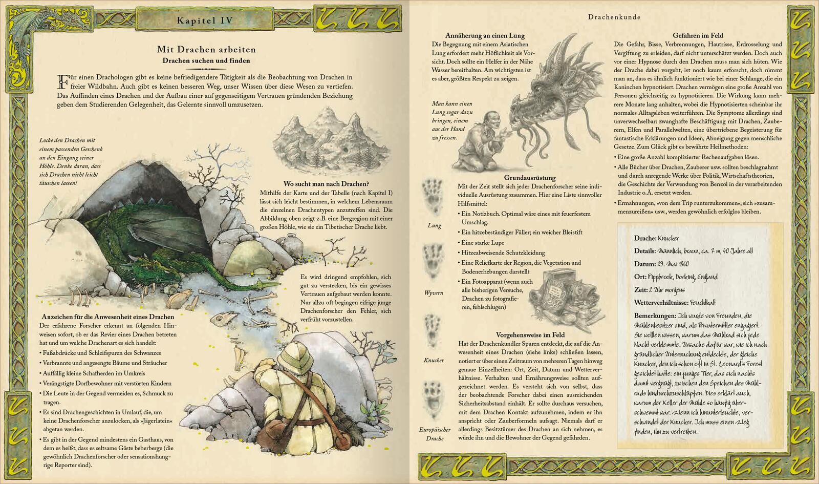 drachen, höhle, abenteuer, illustration, buchseite