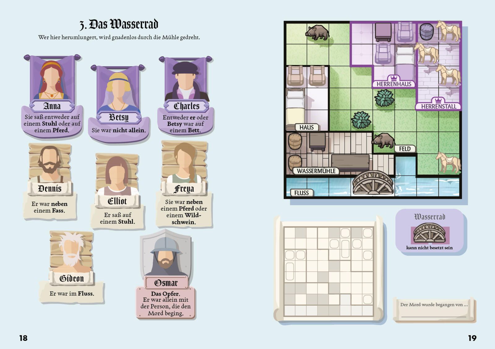 Murdoku 2 - Auf Zeitreise - 80 Logikrätsel rund um mysteriöse Mordfälle, Wasserrad, Wasserwerk, Herrenhaus, Pferd, Bootsfeld