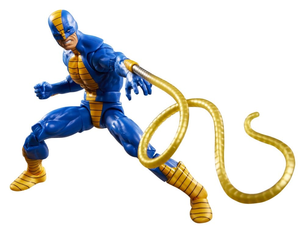 Action-Figur, Superheld, Blauer Anzug, Gelbe Akzente, Spiralflecht-Lanze