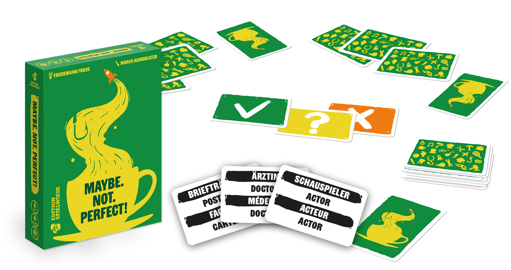 Maybe. Not. Perfect. Brettspiel, Kartenspiel, Quizspiel, Spielkarten, Grün-gelbes Design
