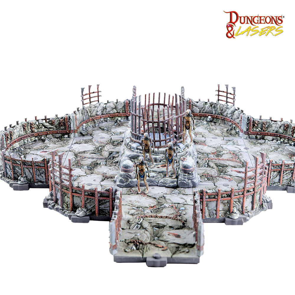 Fantasy-Spielterrain, Miniatur-Kampfplatz, Steinruine, Metallgitter, Spielzeugfiguren