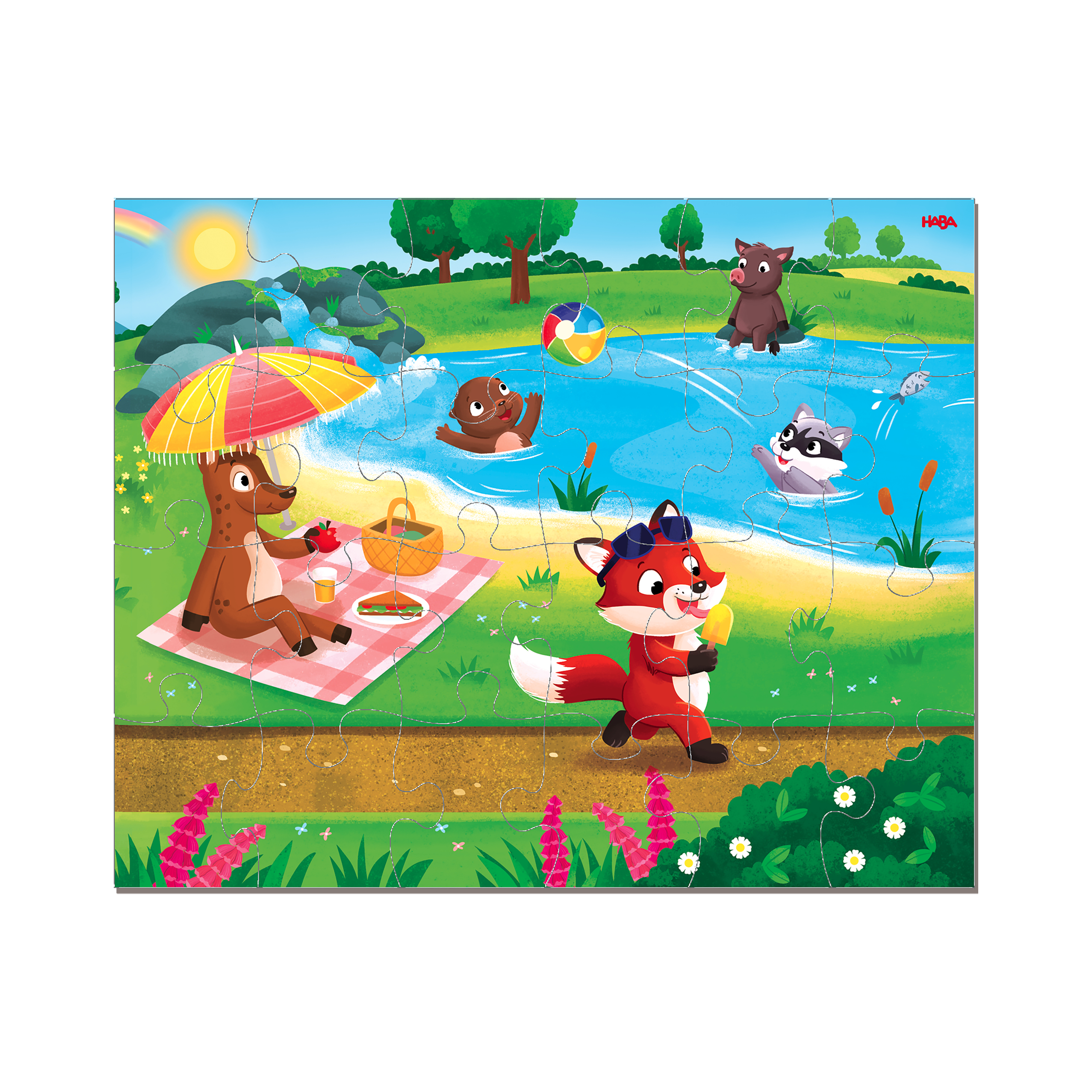 4 Puzzles - Jahreszeiten Puzzle, Picnic, Strand, Tiere, Fluss