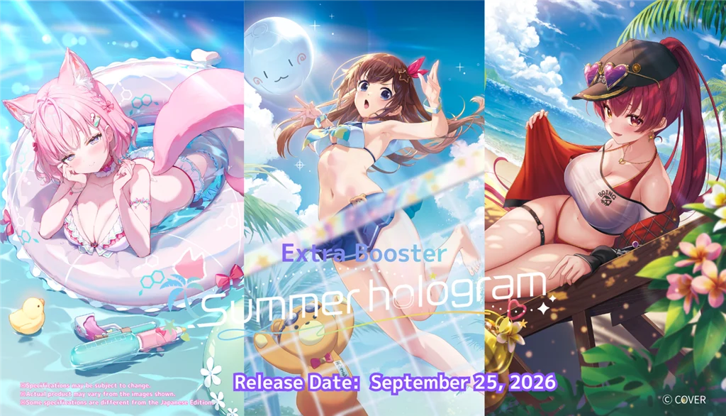 Hololive CCG: Summer hologram Extra Booster Display (8) float, bikini, swimwear, collage, hologram