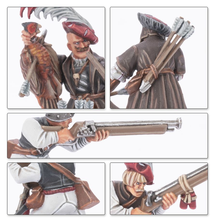 Warhammer: The Old World Empire of Man - Battle March Army Hut mit Hörnern, Gewehr, Bogen und Pfeile, Scheiden, Figur Mann