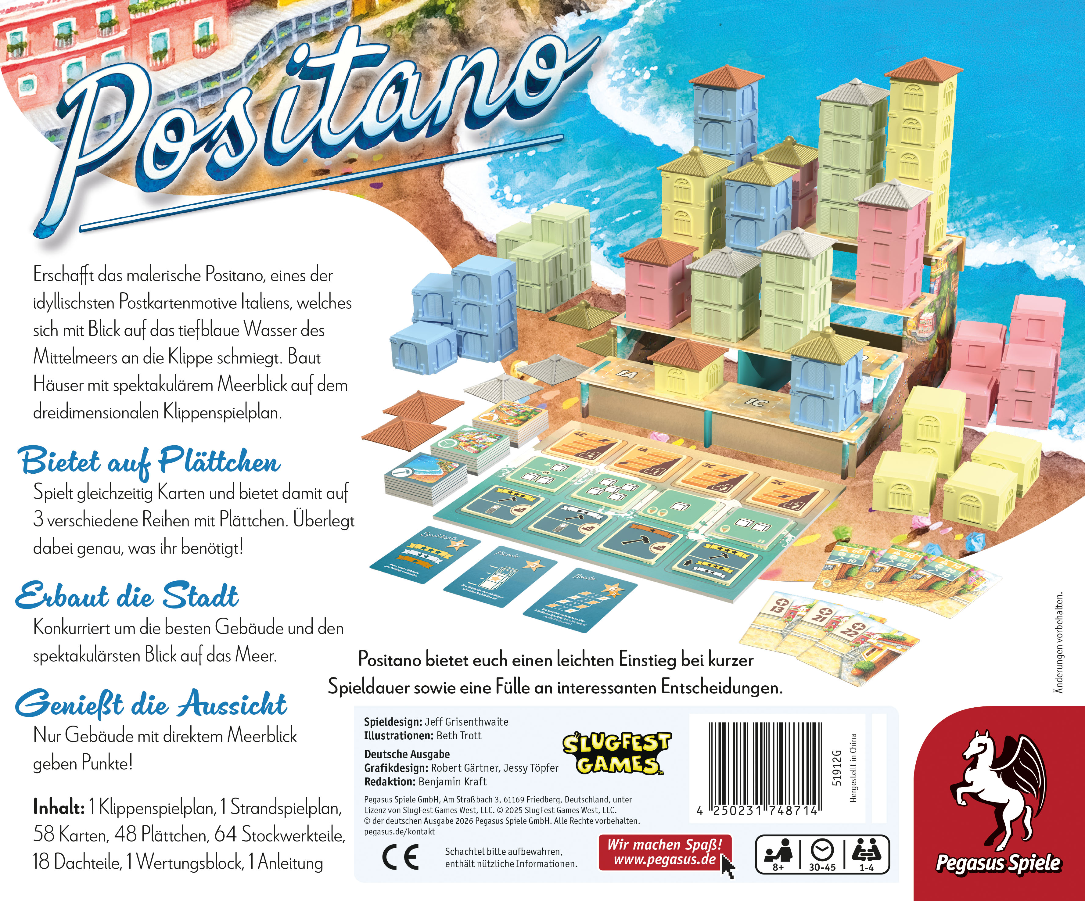 Brettspiel, Aufbauspiel, Küstenstadt, Gebäudeplättchen, Kartenspiel