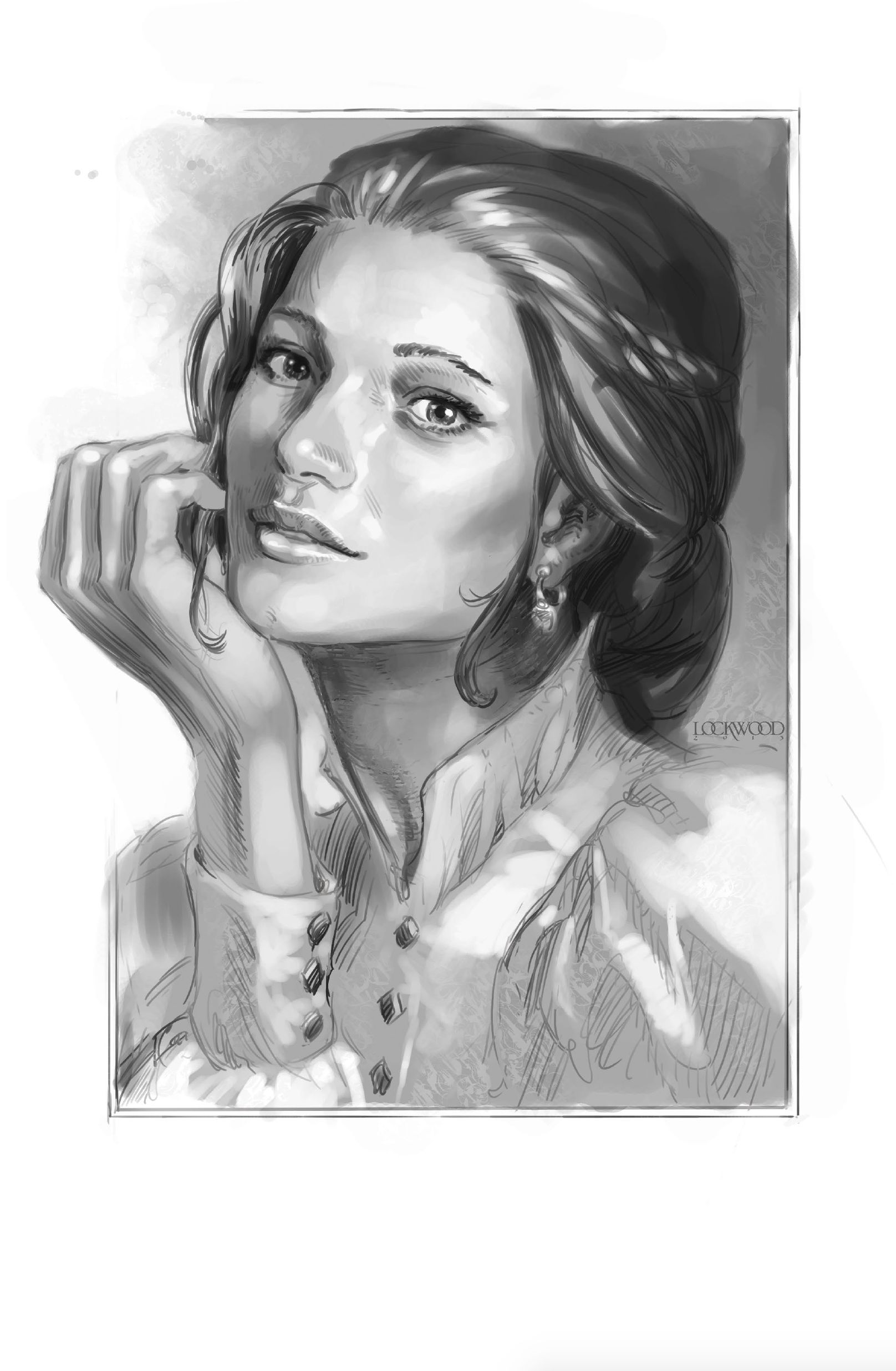 portrait, sketch, frau, ohrring, hand-face