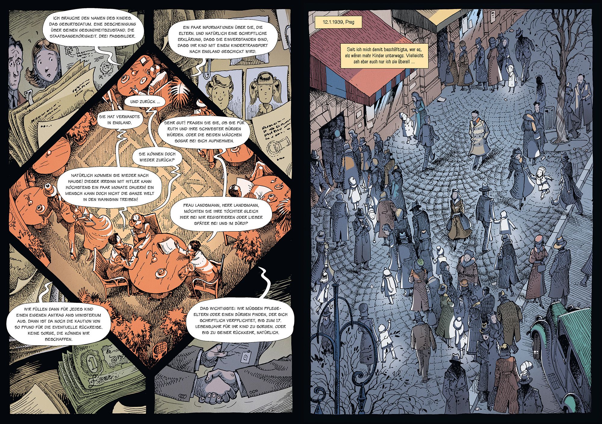Wintons Kinder Comic, Menschenmenge, Straßen Szene, Geldscheine, Vertreibung/Flucht