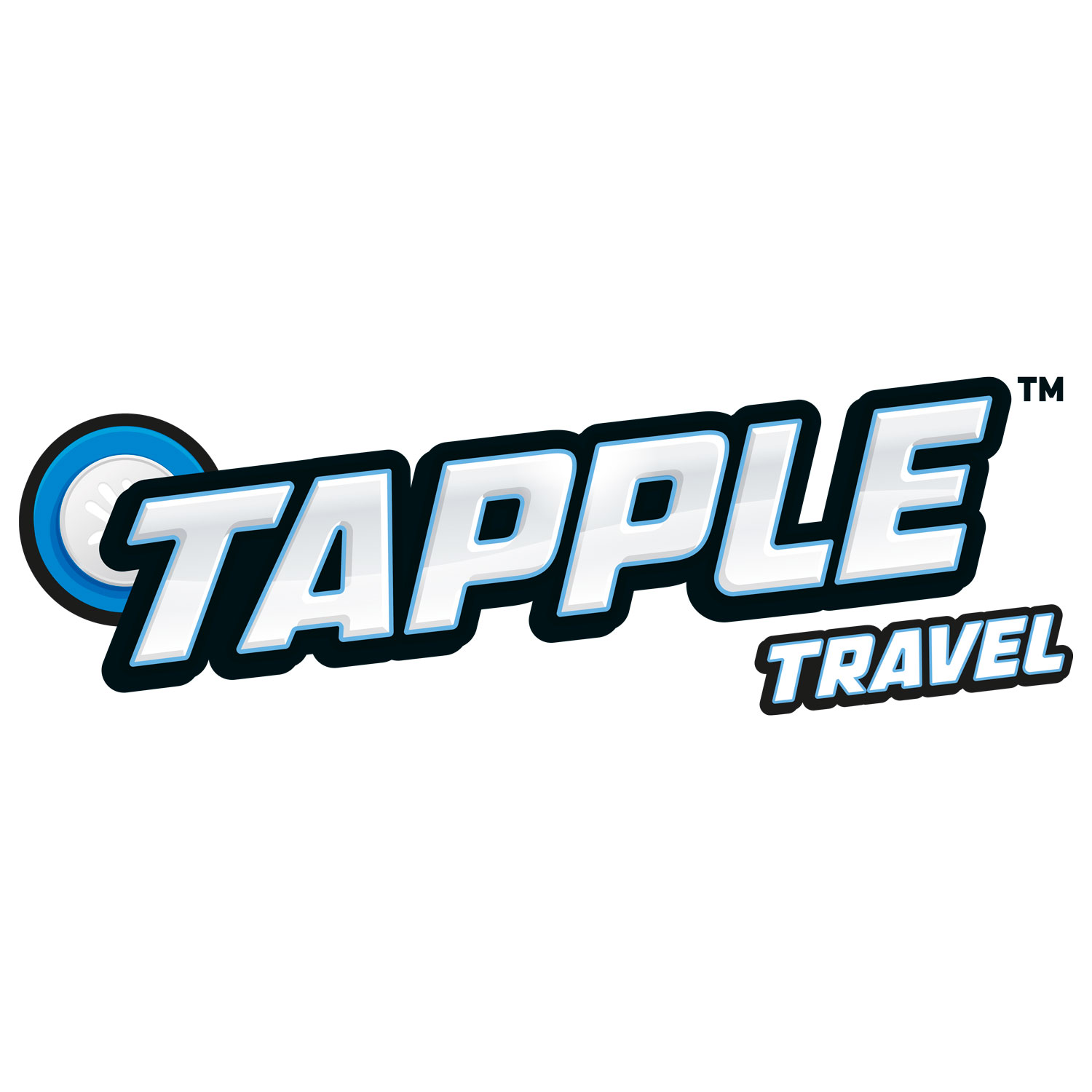 Tapple Travel Logo-Aufkleber, Schriftzug, blau-weiß, schwarze Kontur, Reisemotiv