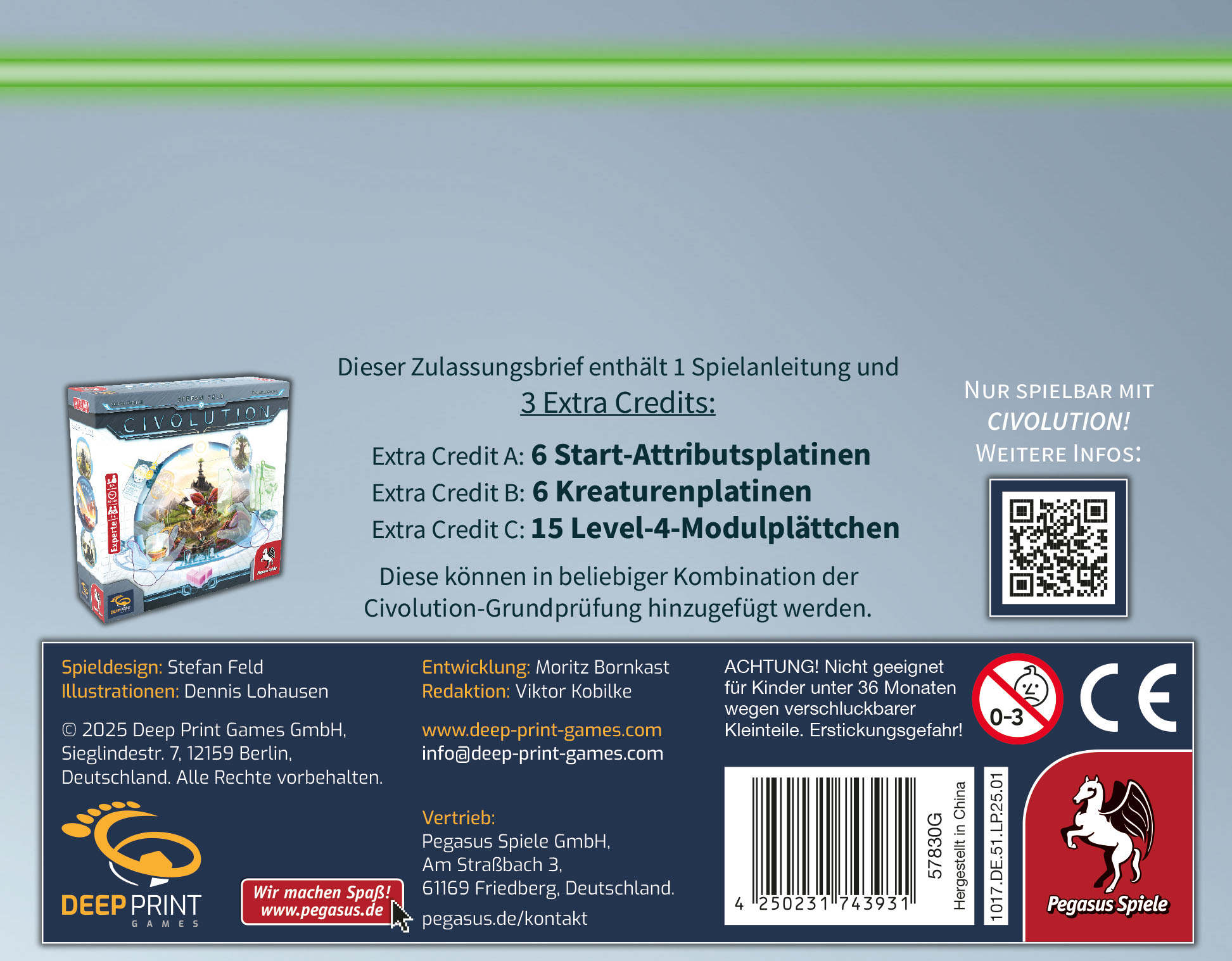 Brettspiel, Spielebox, Spieldesign, Level-4-Modulplättchen, Kreditschrift