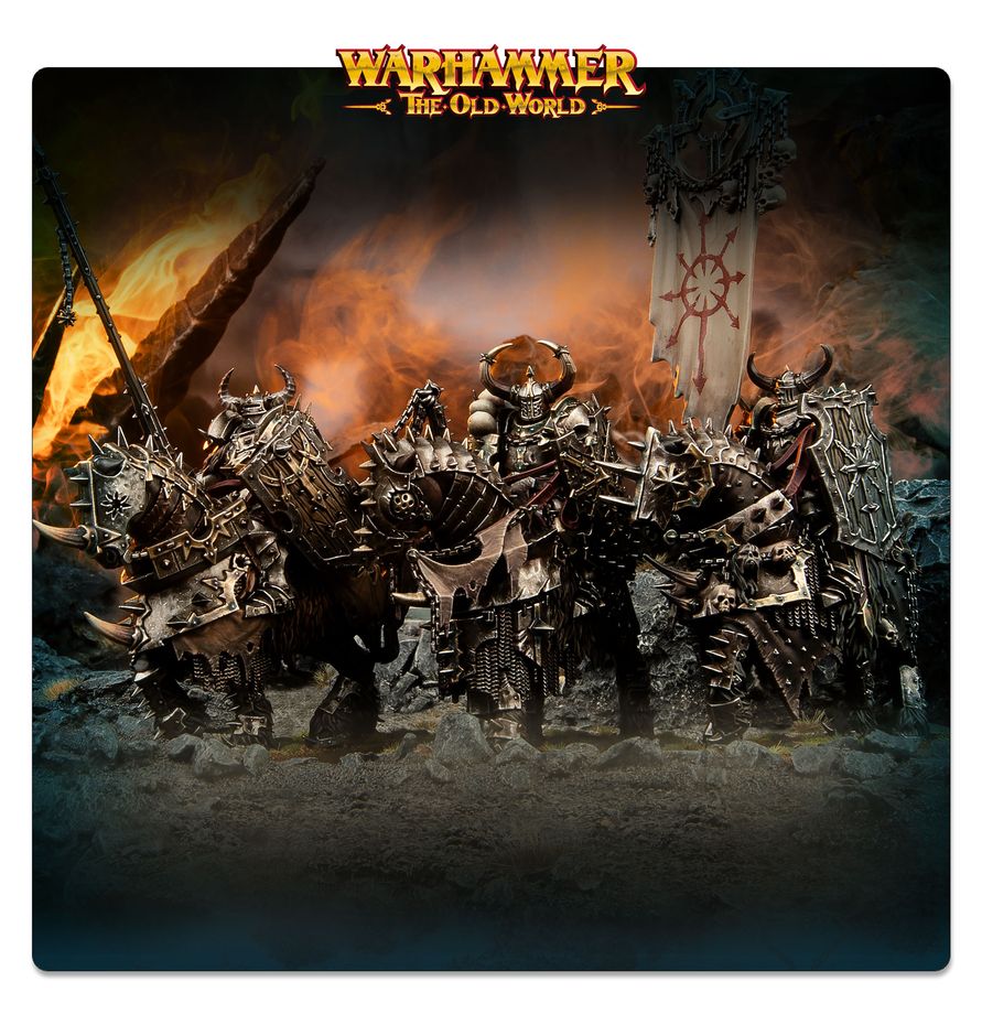 Warhammer: The Old World Warriors of Chaos - Chaos Knights Krieger, Stahlrüstung, Stacheln, Banner The Old World, Schriftzug The Old World