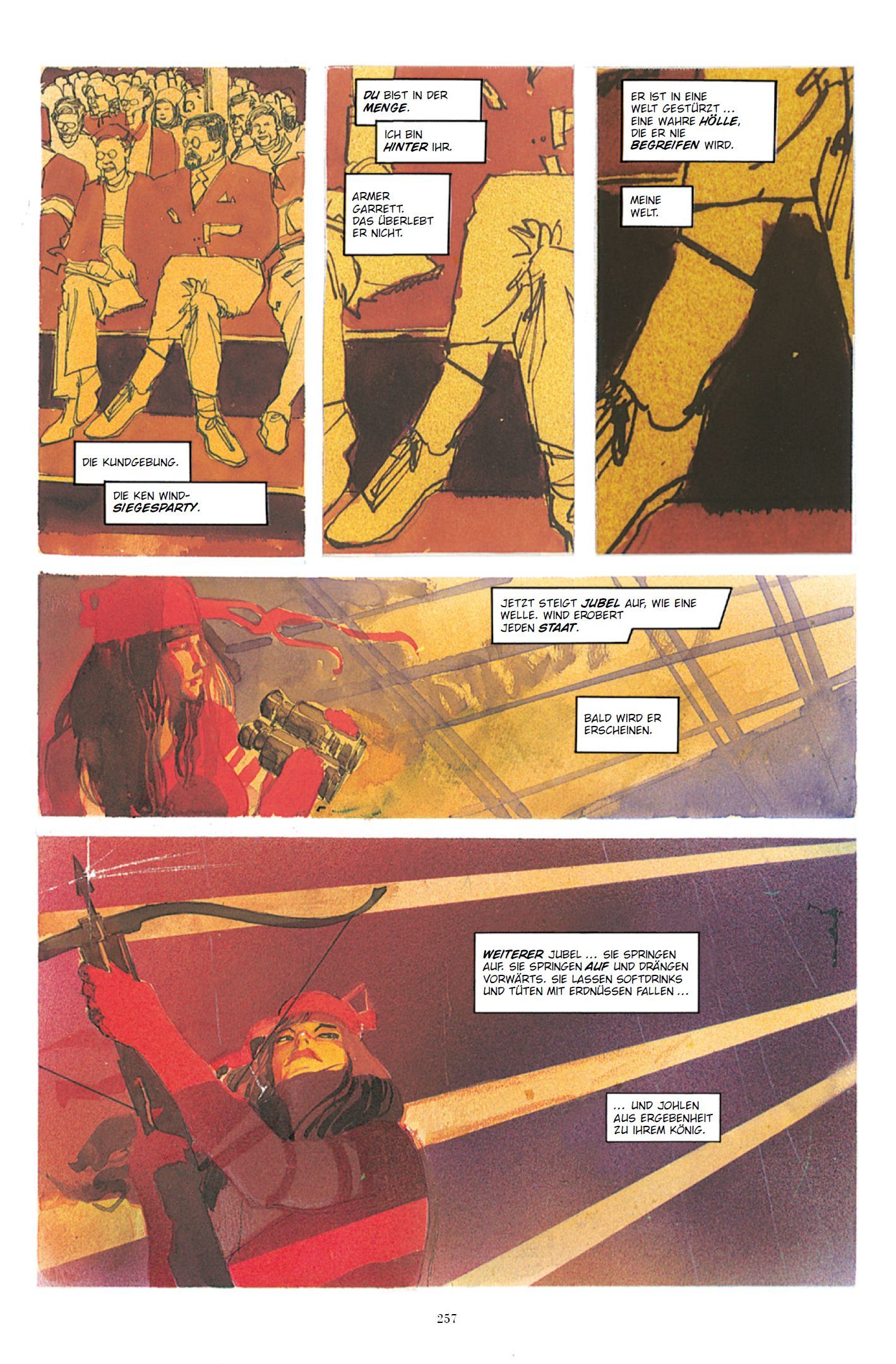 Elektra Collection comic, panels, crowd, orange, red