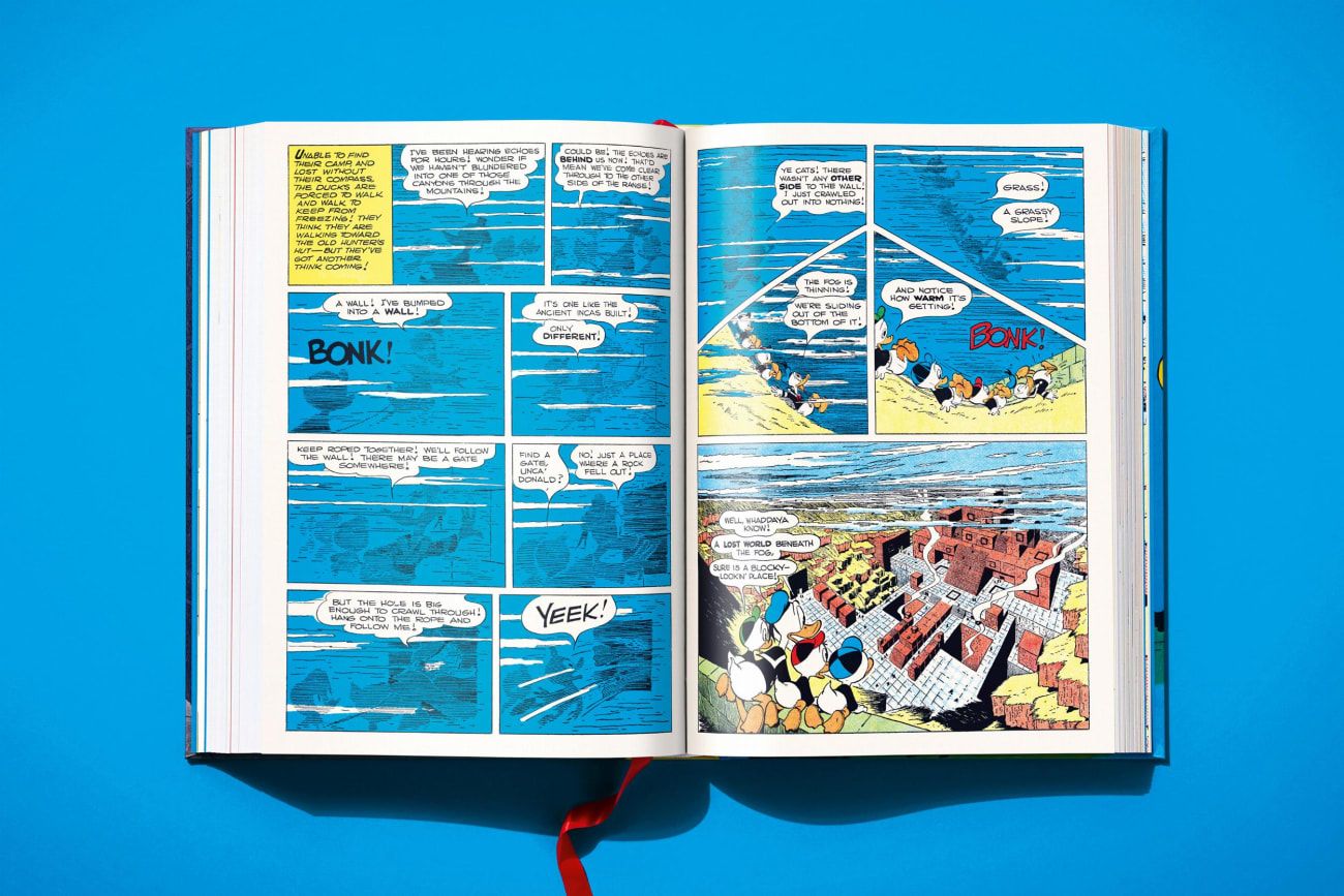 Comicbuch, Offenes Buch, Blaue Paneele, Bunte Seiten, Entencharakteren