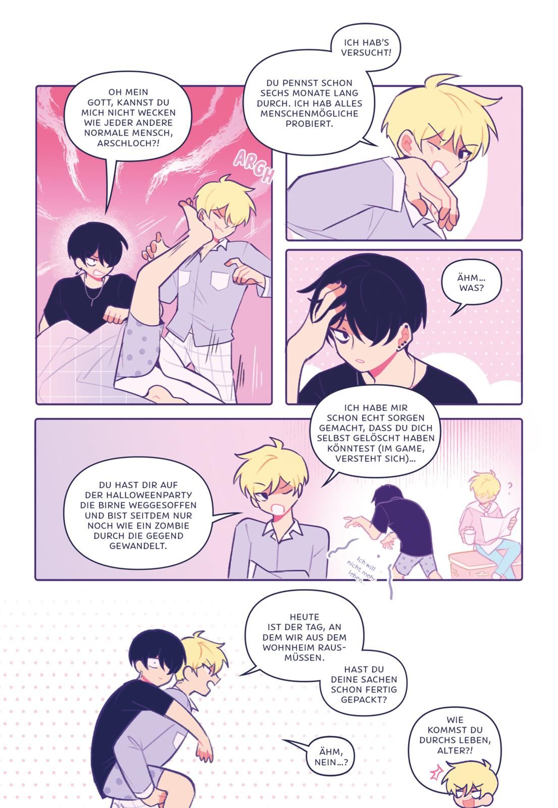 Manga-Panel, Comic-Panel, Jungsfiguren, Haare blond, Lila Hintergrund