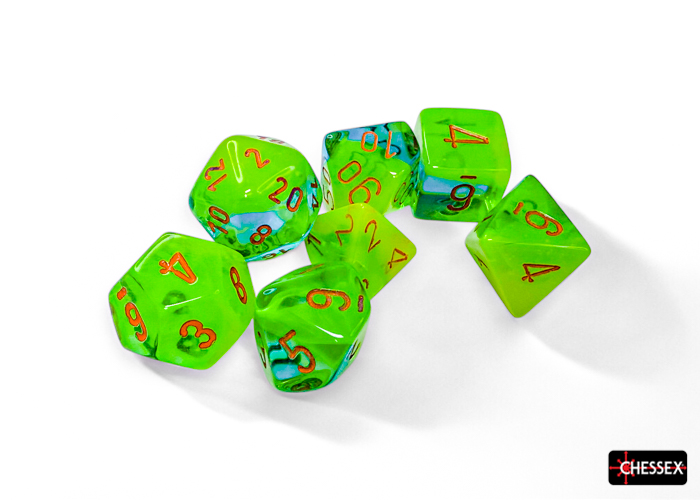 Würfel: 7er-Würfelset "Gemini" (Plaama Green/Teal-Orange)