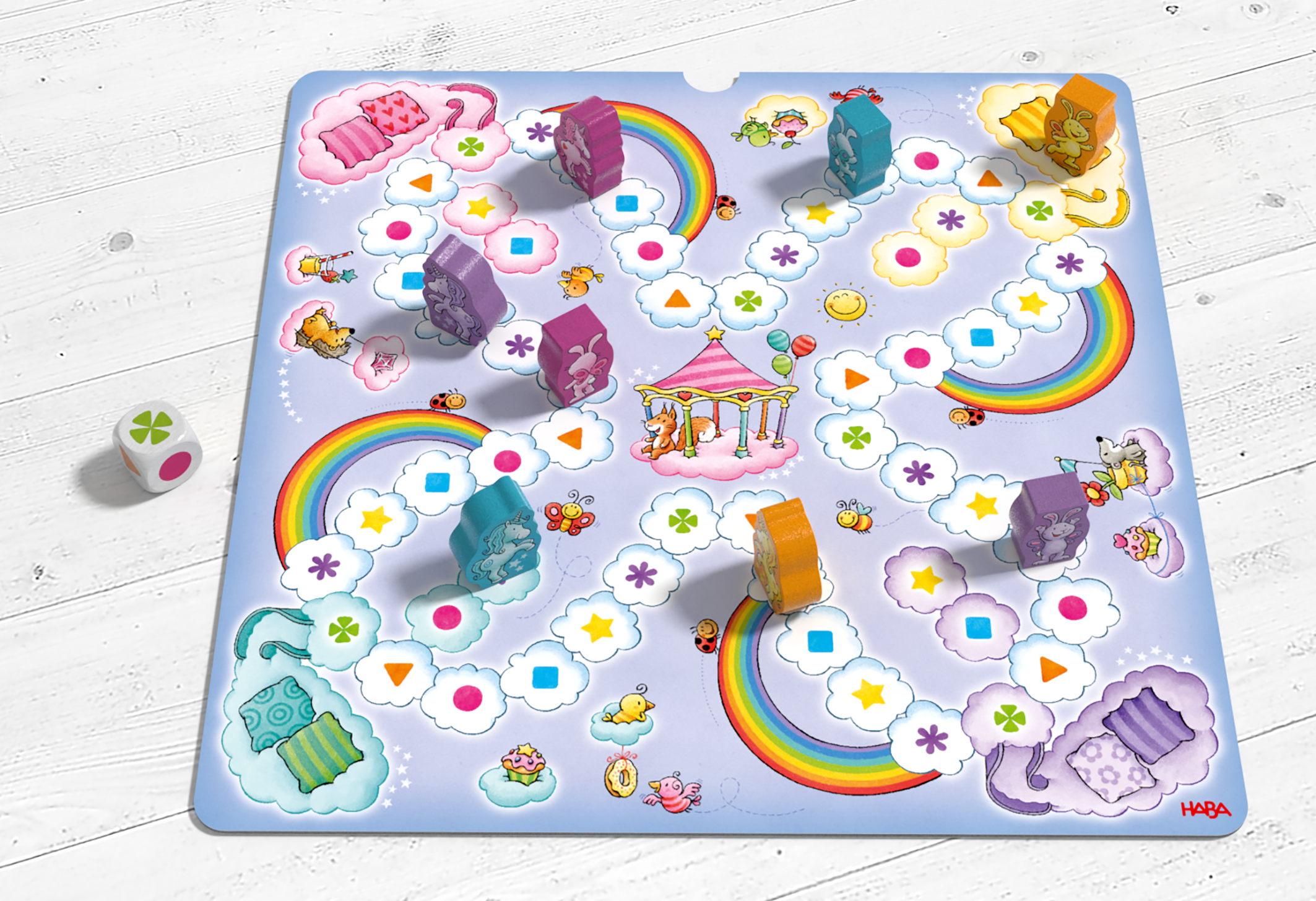 kinderbrettspiel, würfelspiel, regenbogen, wolken, bauklötze