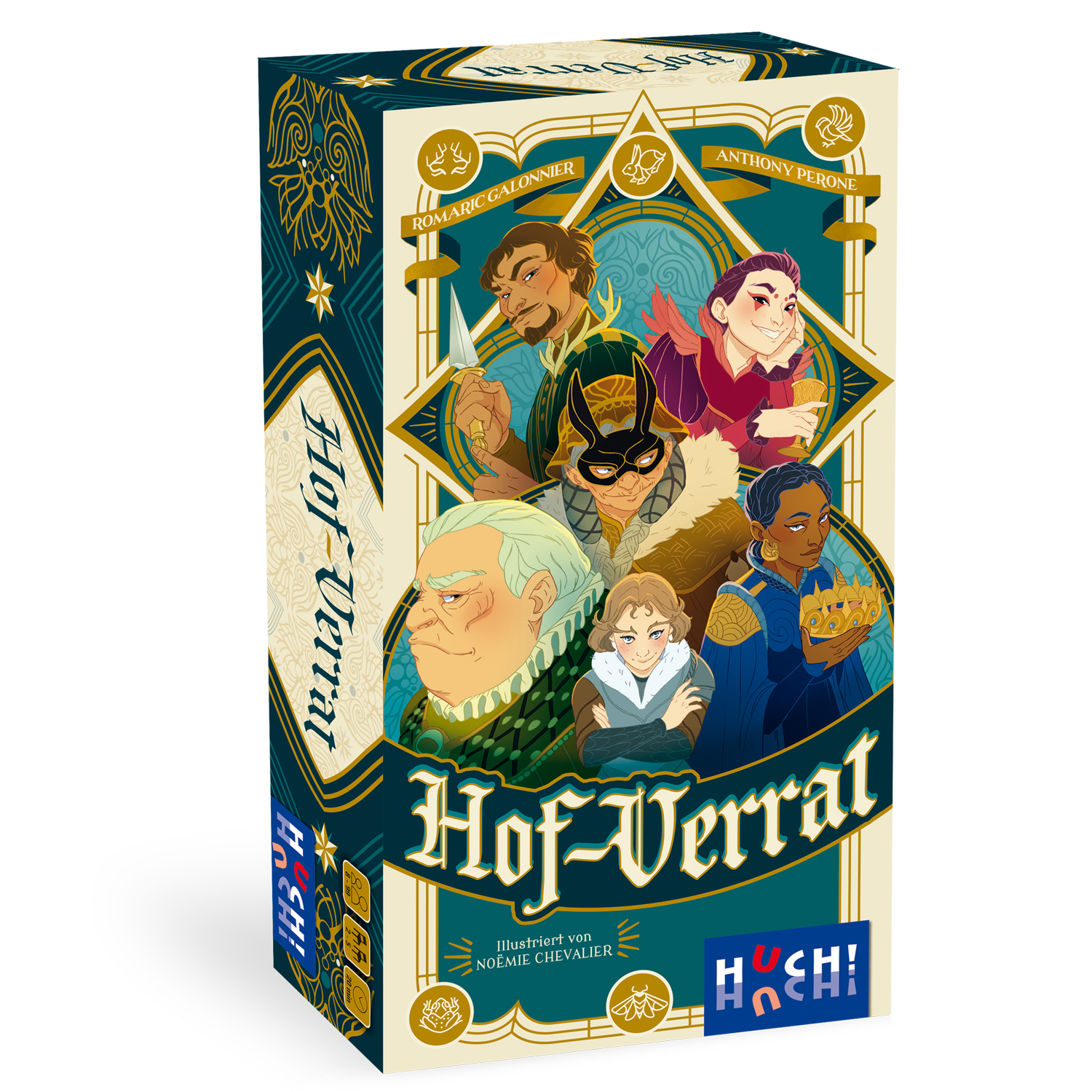 Hof-Verrat Brettspiel, Spielebox, Figuren, Illustration, Verpackung
