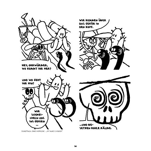 Kauboi und Kaktus Bd.2: Die Rache der Dirty Dancers Suppe? hmm, cartoon skull, comic panel, black and white drawing, humor illustration