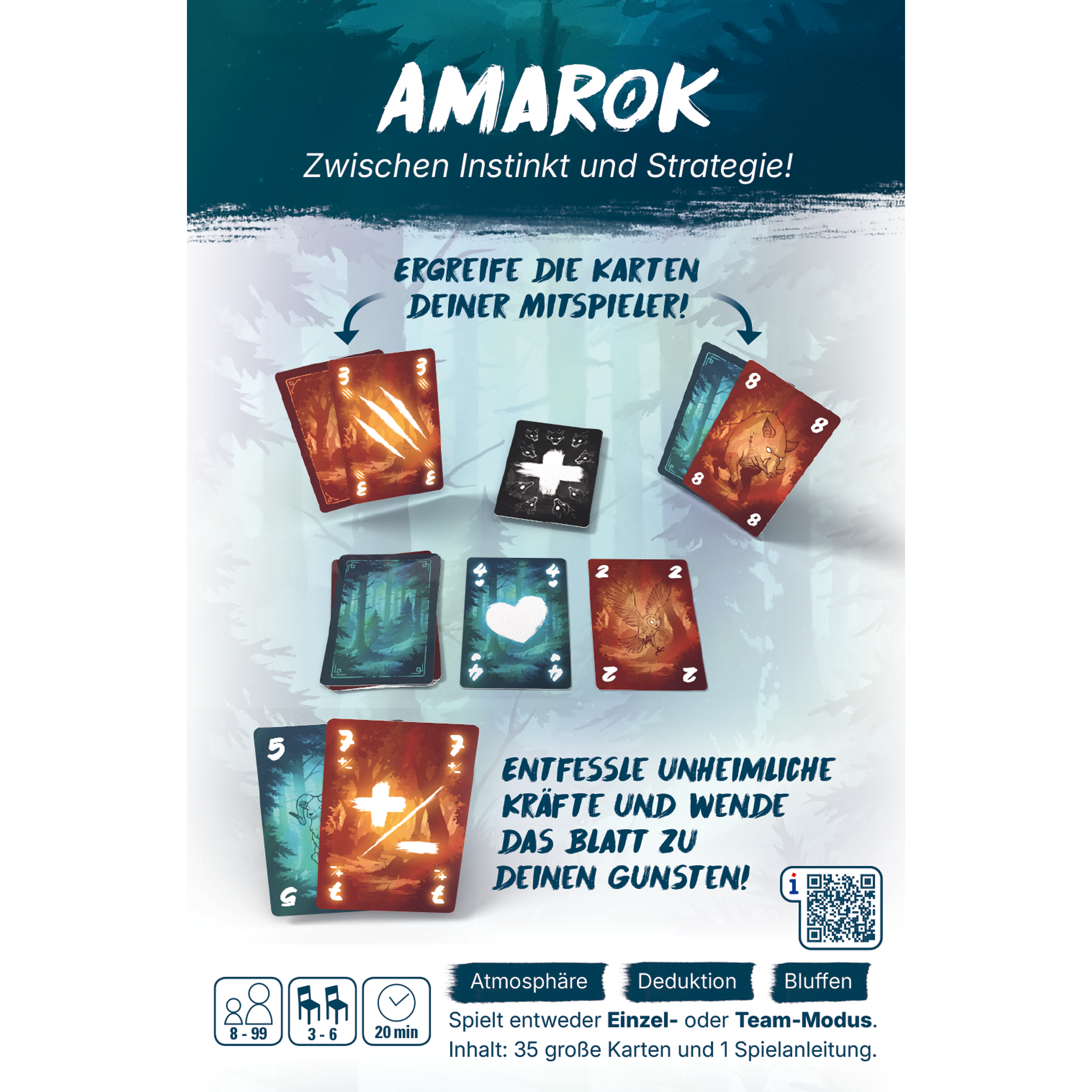 Amarok Kartenspiel, Brettspiel, 35 Spielkarten, Illustrationen, Deduktionsspiel