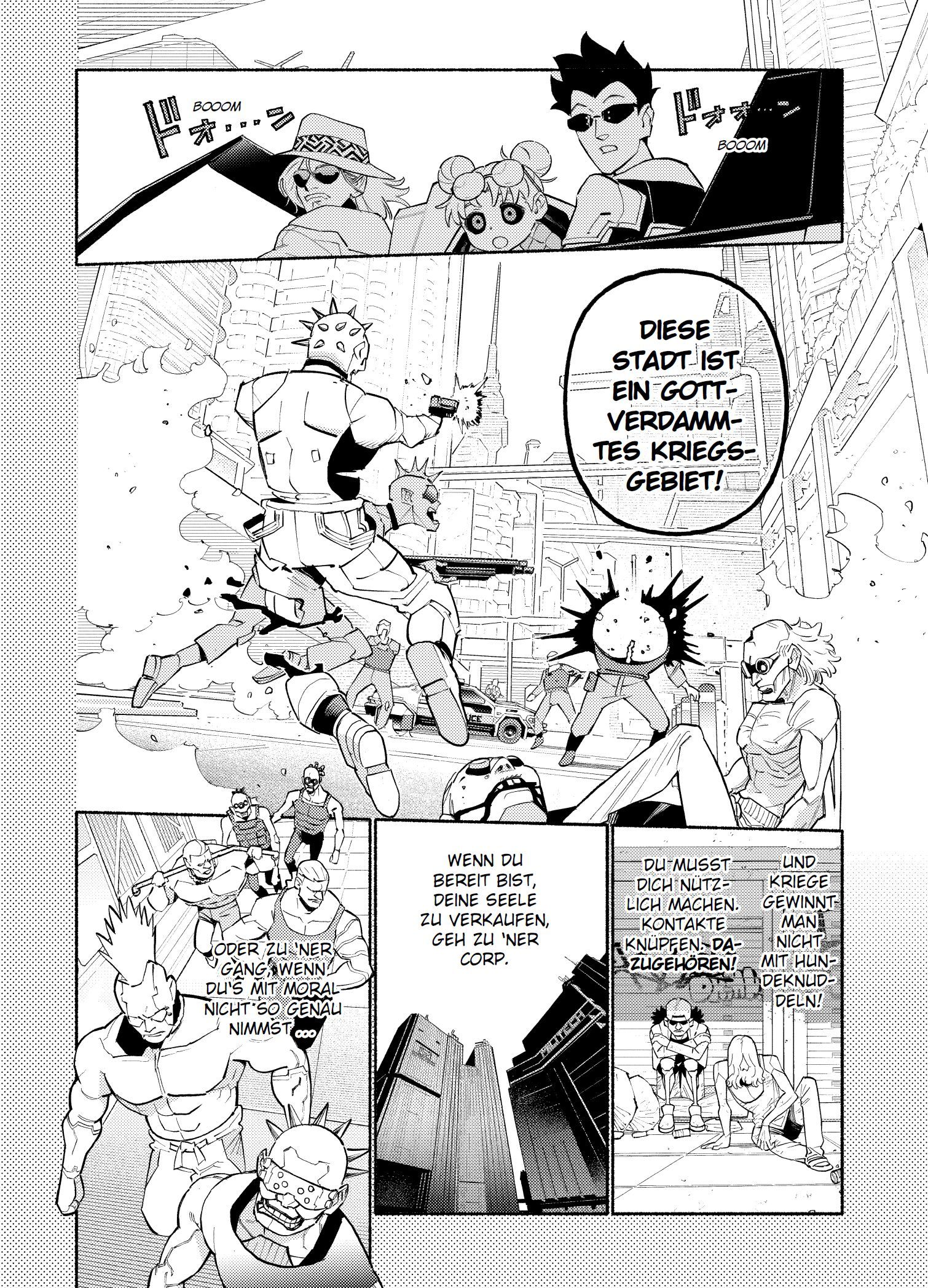Cyberpunk 2077: Edgerunners Bd.1 comic, panel, schwarz-weiß, aktion, superheld, straßenszene, stadt