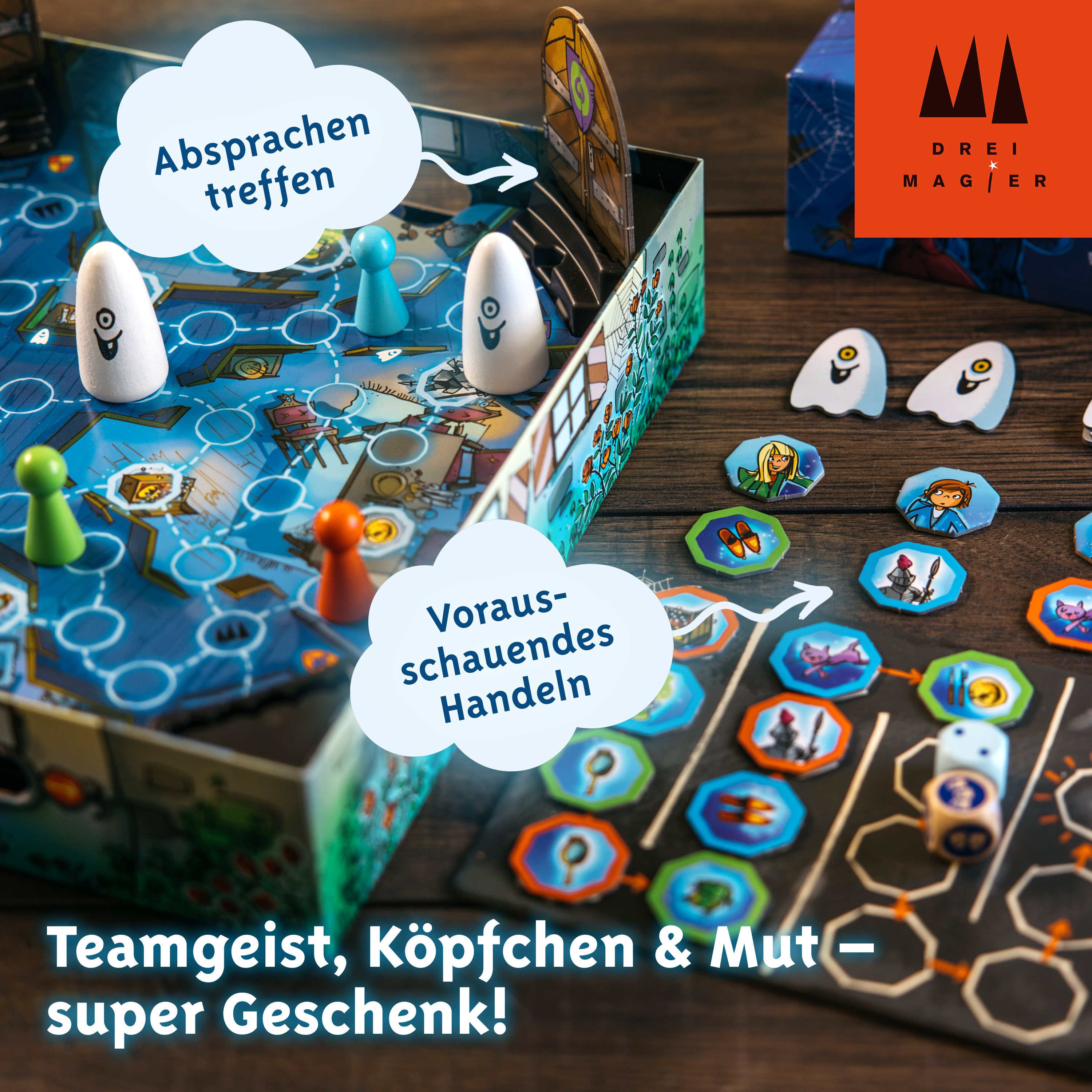 brettspiel, andertafelspieltisch, tokenen, würfel, kacheln