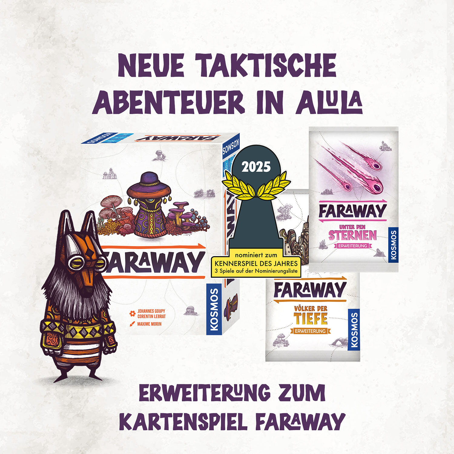 Faraway dt. - Unter den Sternen Kartenspiel, Faraway Erweiterung, Kartenbox, Mysterious Charakter, Tiermaske