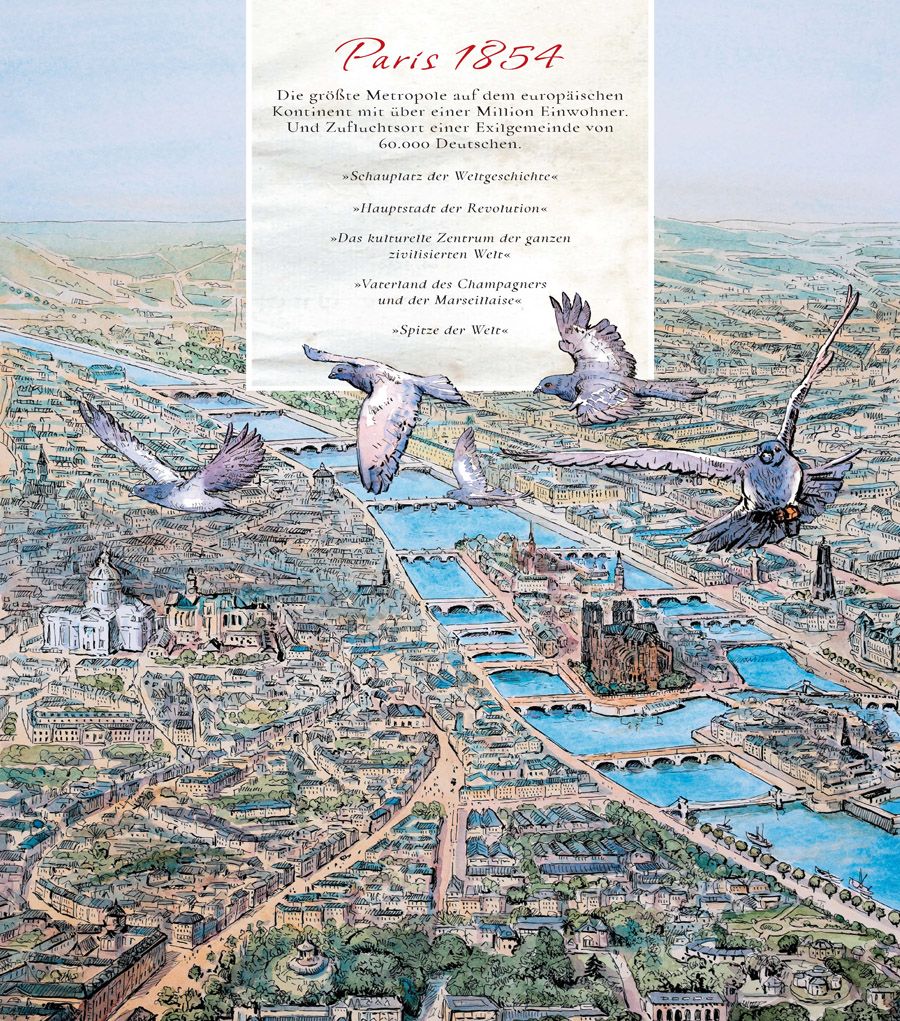 Heinrich Heine: Eine Lebensfahrt city map, pigeons, flight, paris 1854, illustration