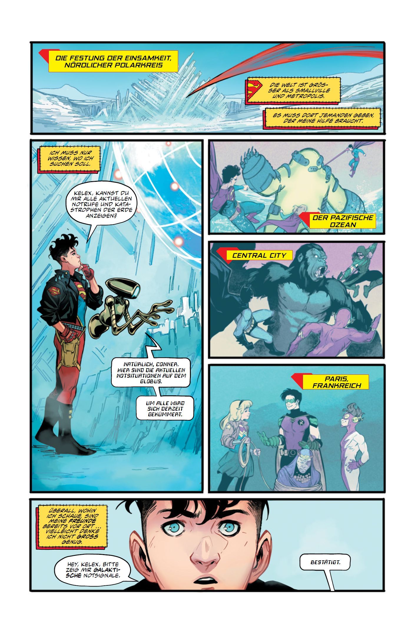 Comic, Panel, Eis, Erde, Stadt, Charakter, Dialog, Superheld, Raumschiff?, Roboter?