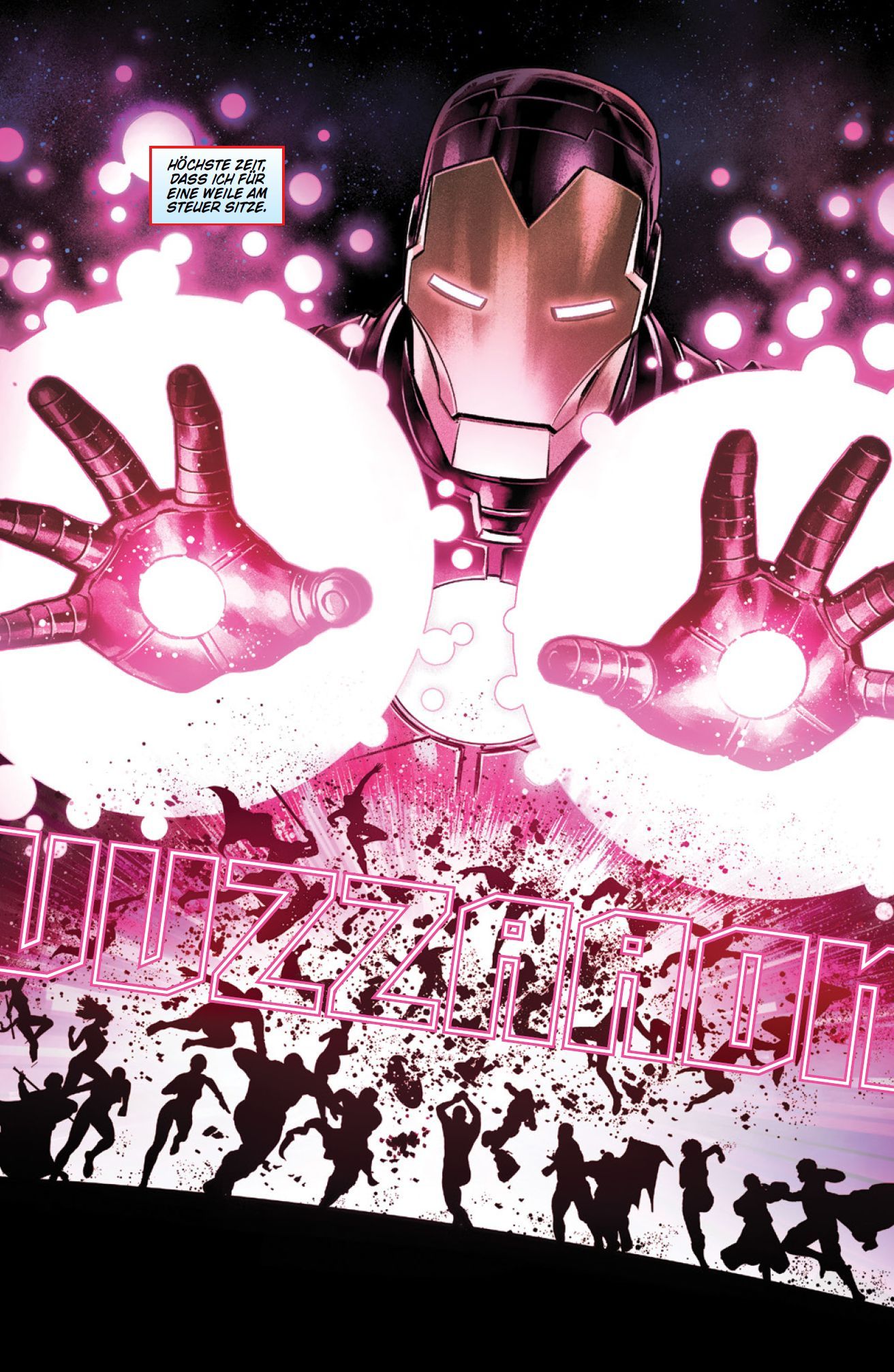 Iron Man, Arc Reactor, glühende Hände, rosa Energie, Comic-Szene