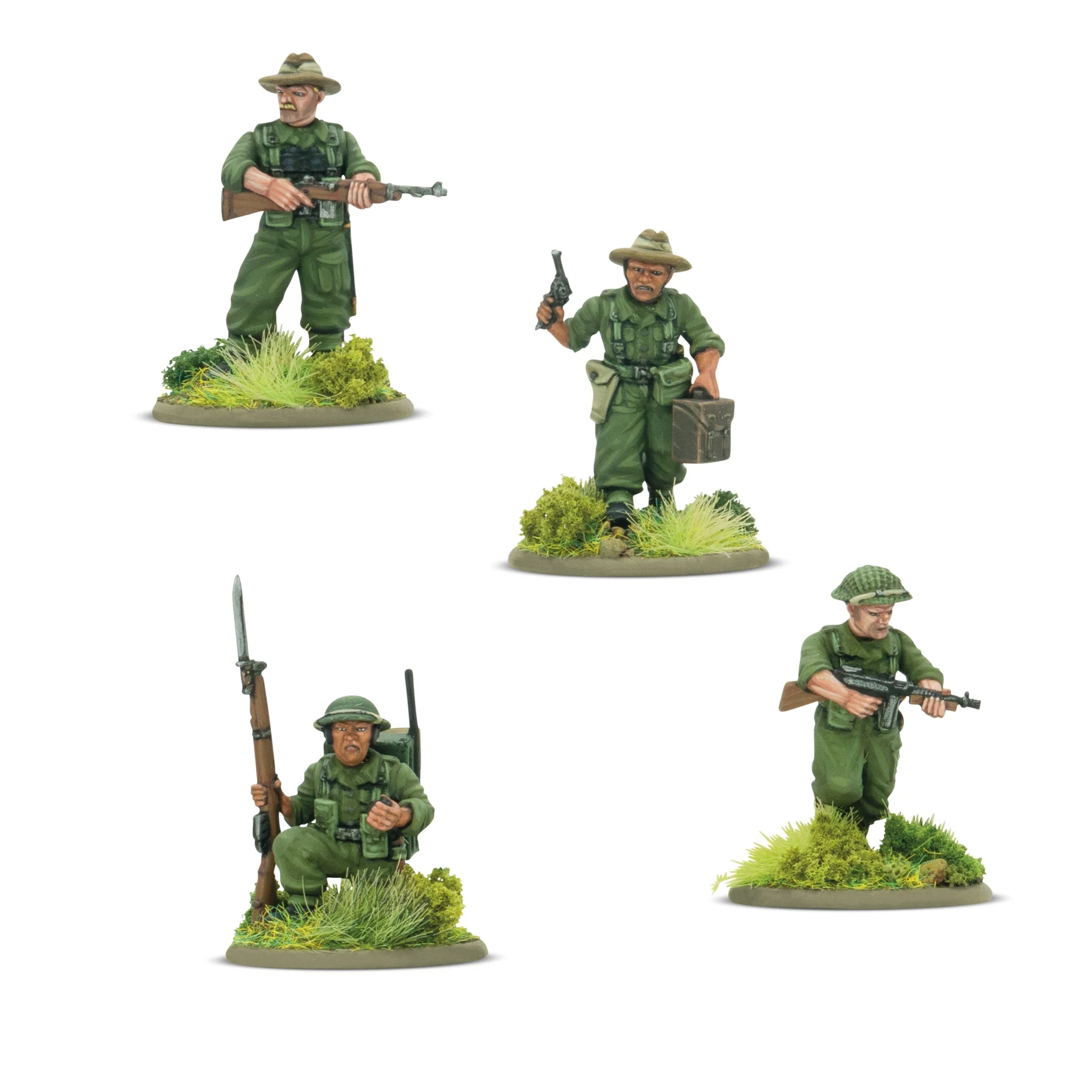 miniature, soldier figures, green uniform, rifle, base scenery