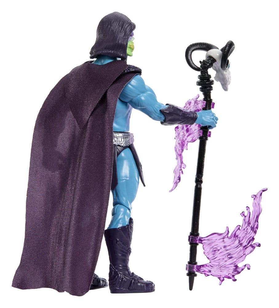 action figure, villain, purple cape, staff, blue skin