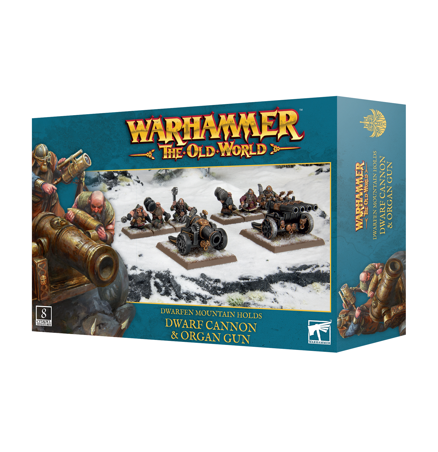 Warhammer: the Old World Dwarven Mountain Holds - Dwarf Cannon & Organ Gun Zwergen-Kanon, Organ-Kanone, Warhammer, Miniaturen, Schneeboden-Schlachtfeld
