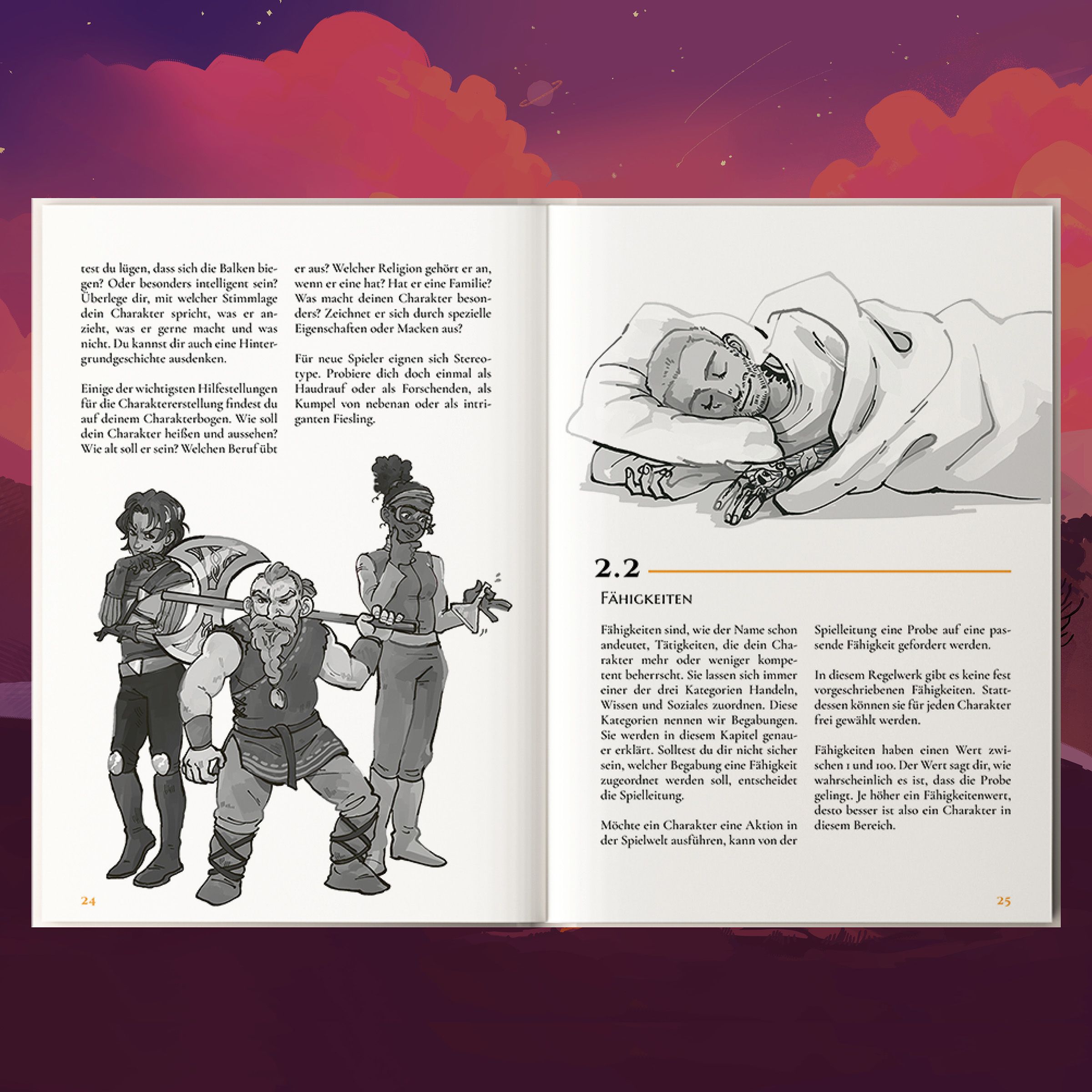How to be a Hero: Das Regelwerk - Collector's Edition open book, illustration, graustufen, charakteren Gruppe, Zwerg-Krieger