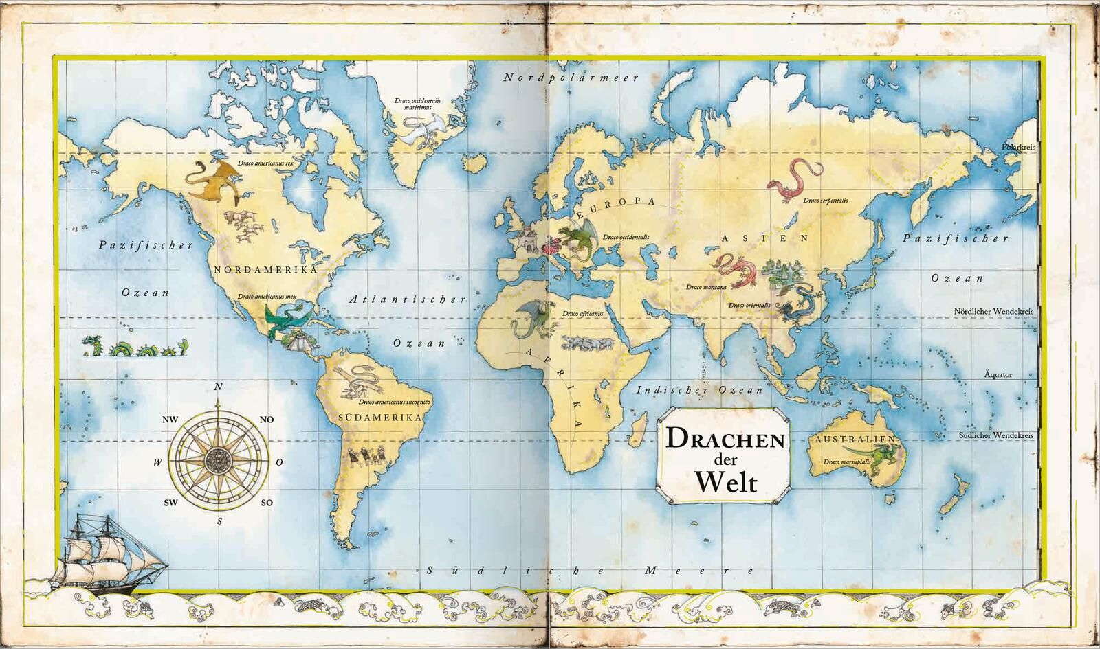 Weltkarte, Drachen der Welt, kartografische Illustration, antike Karte, Weltatlas