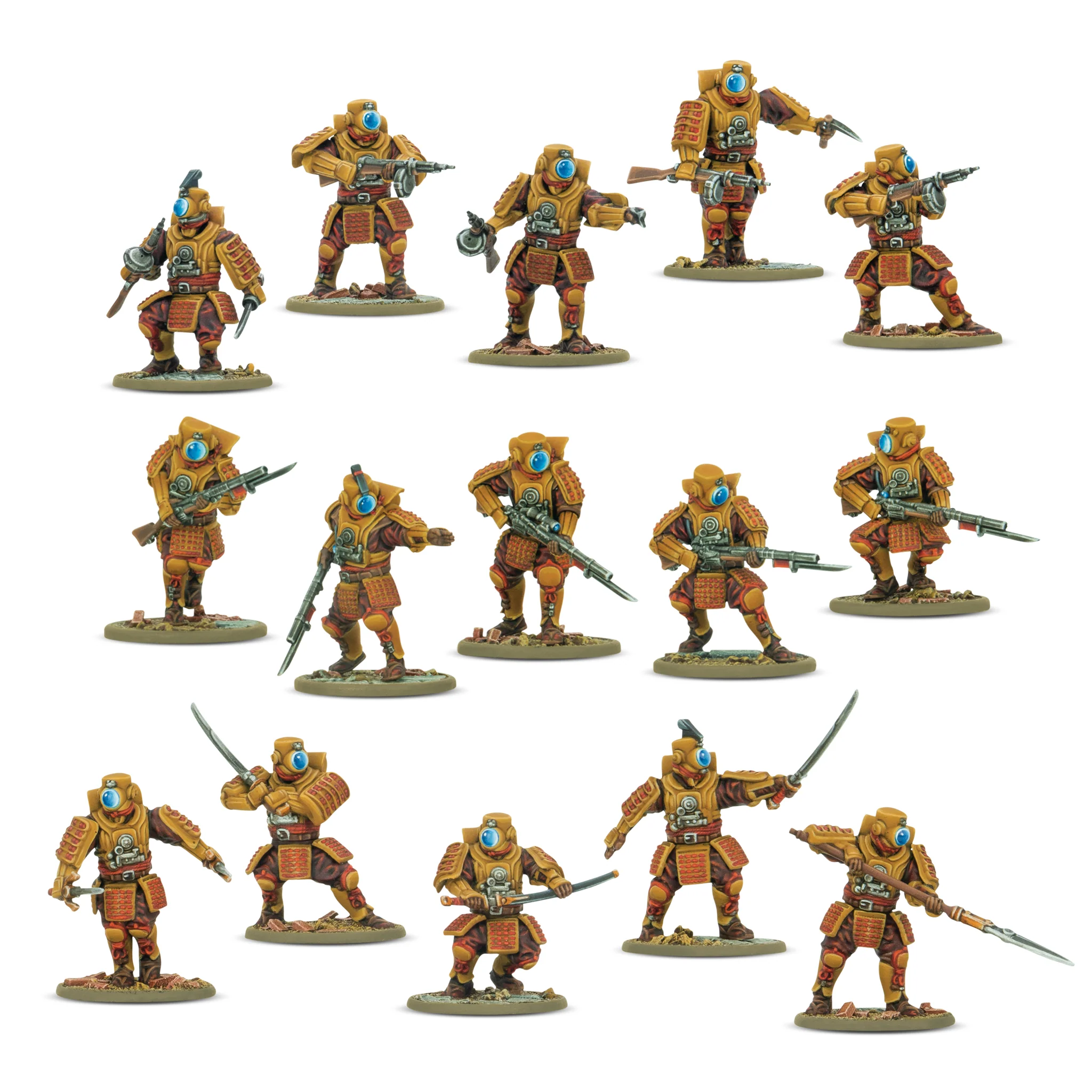 Miniatursoldaten, Sci-Fi-Soldaten, Orange Rüstung, Blaue Visire, Gewehrwaffe