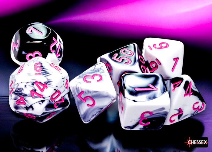 Würfel: 7er-Würfelset "Gemini" (Black-White/Pink) Würfel: 7er-Würfelset "Gemini" (Black-White/Pink)