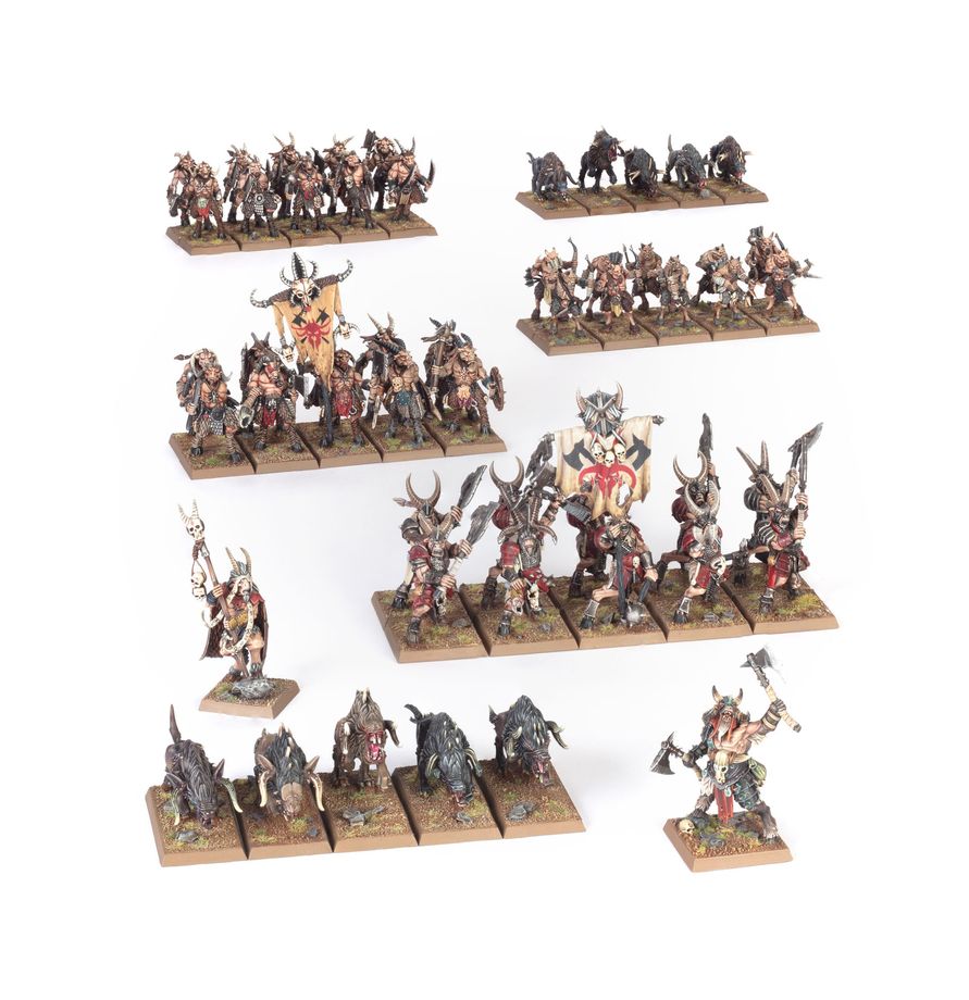 Warhammer: The Old World Beastmen Brayherds - Battle March Army Miniaturfiguren, Fantasy-Armee, Ork-Krieger, Tabletop-Spiel, Bases/Maultier Terrain