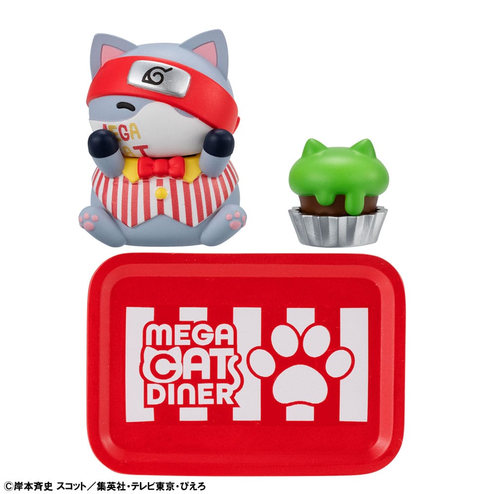 cat figurine, blindfolded cat, striped vest, red tray, green cupcake