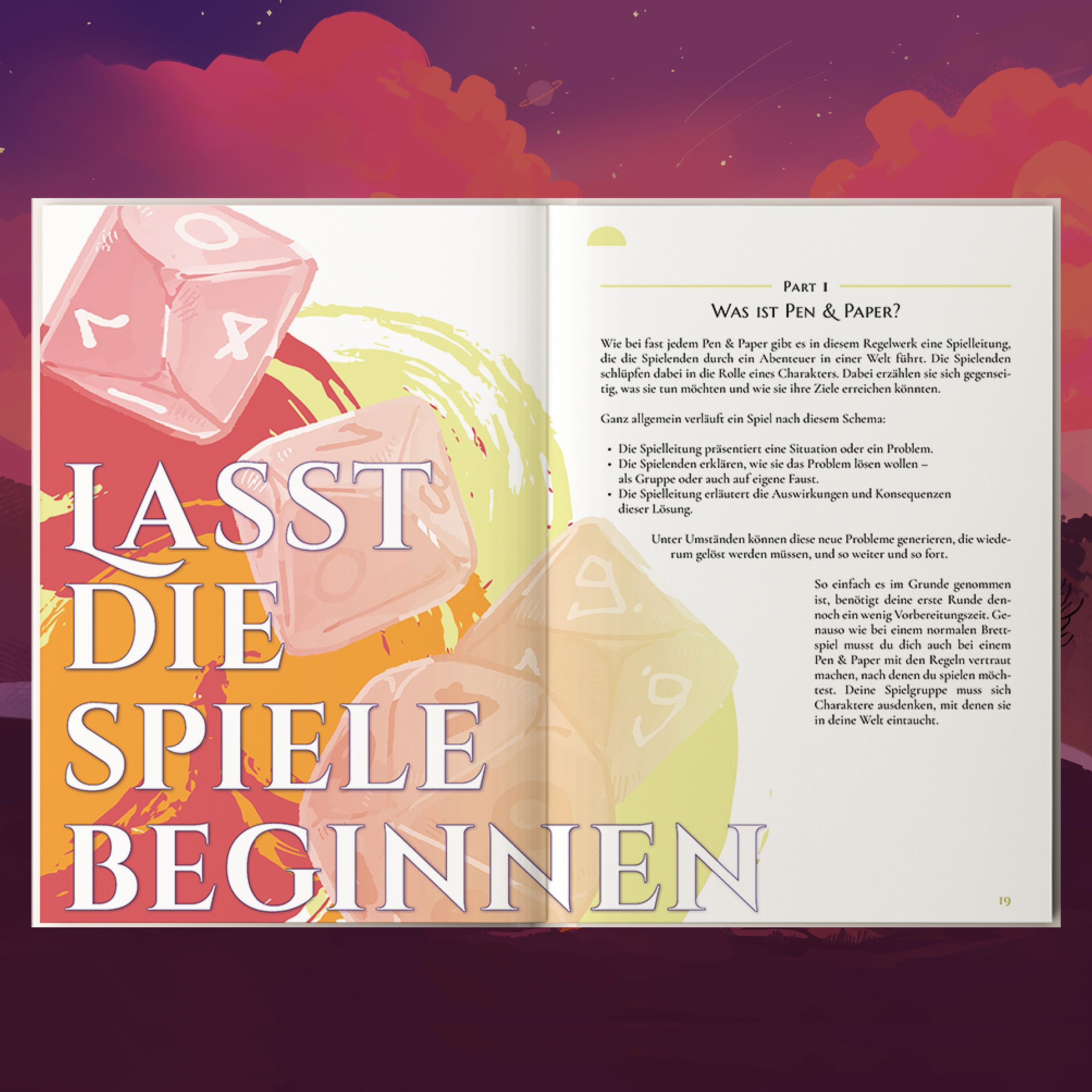 papierbuch, d20 würfel, pink orange farben, illustration, textseite