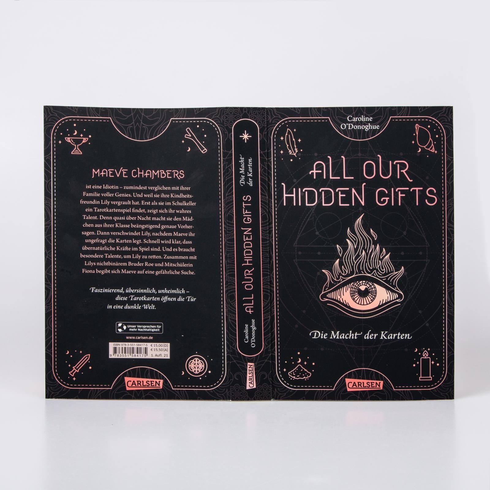 All Our Hidden Gifts Bd.1: Die Macht der Karten Tarotkarten, Buchcover, Aller versteckte Geschenke, Schwarz-pink, Augenillustration