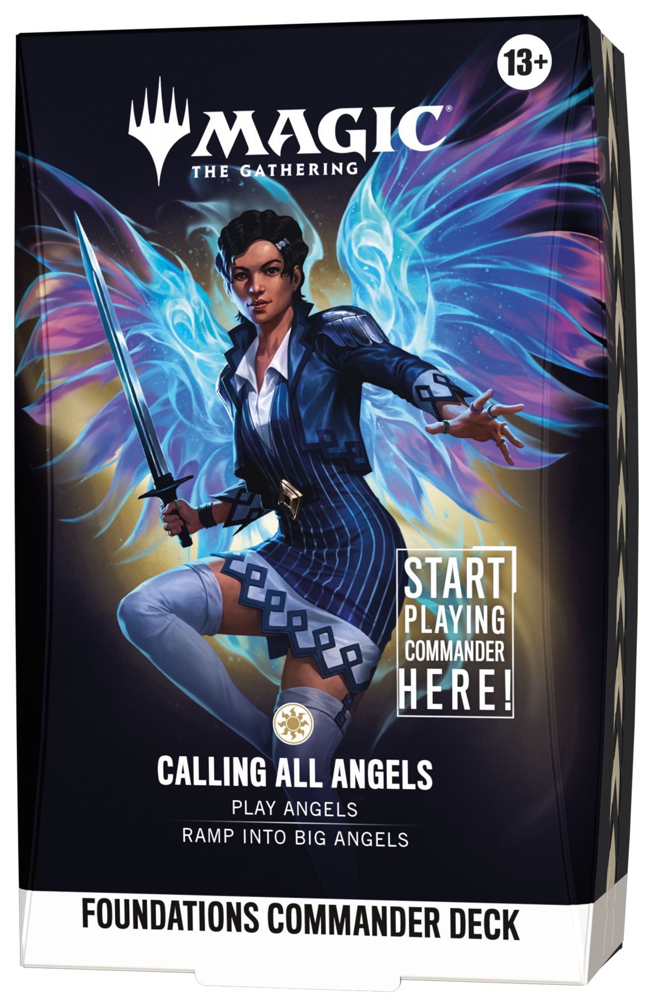 Magic the Gathering, Foundations Commander Deck, angel wings, blue outfit, sword